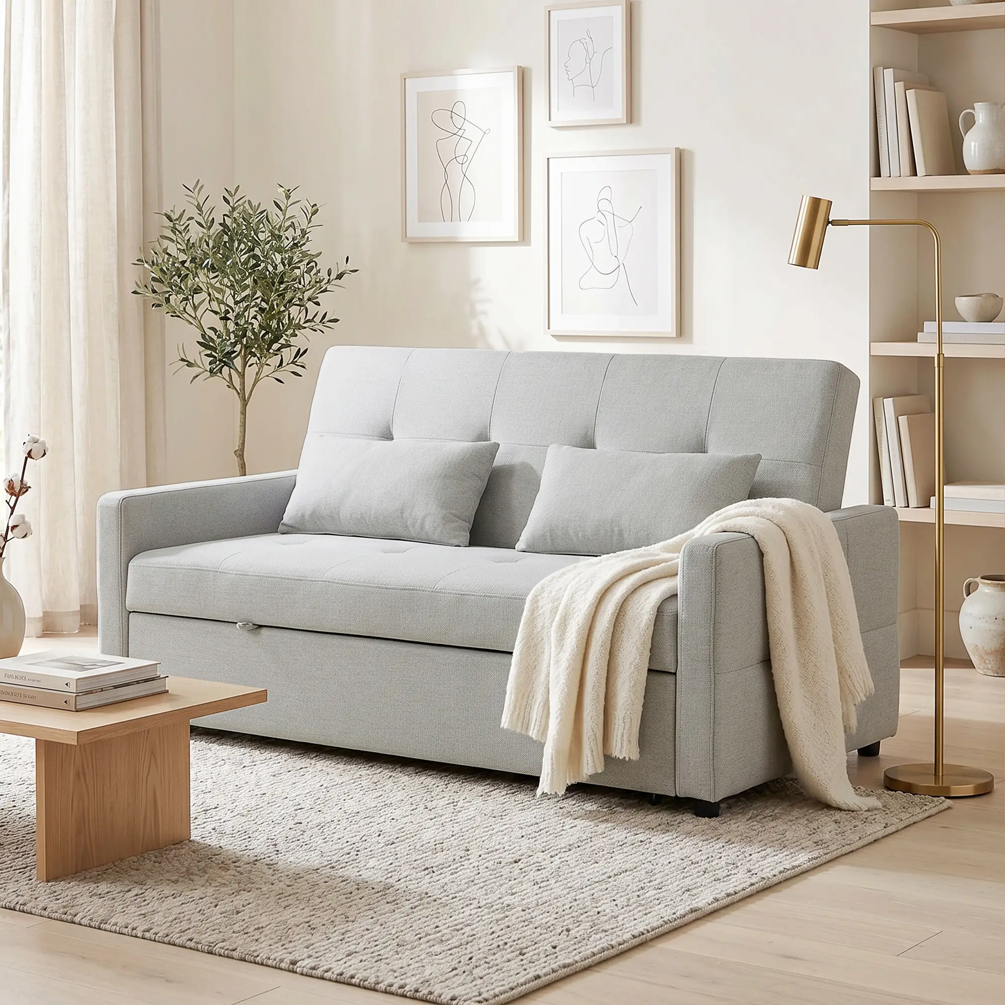 2 Seater Linen Sofa Bed 158 x 85 x 85cm - Light Grey - 2