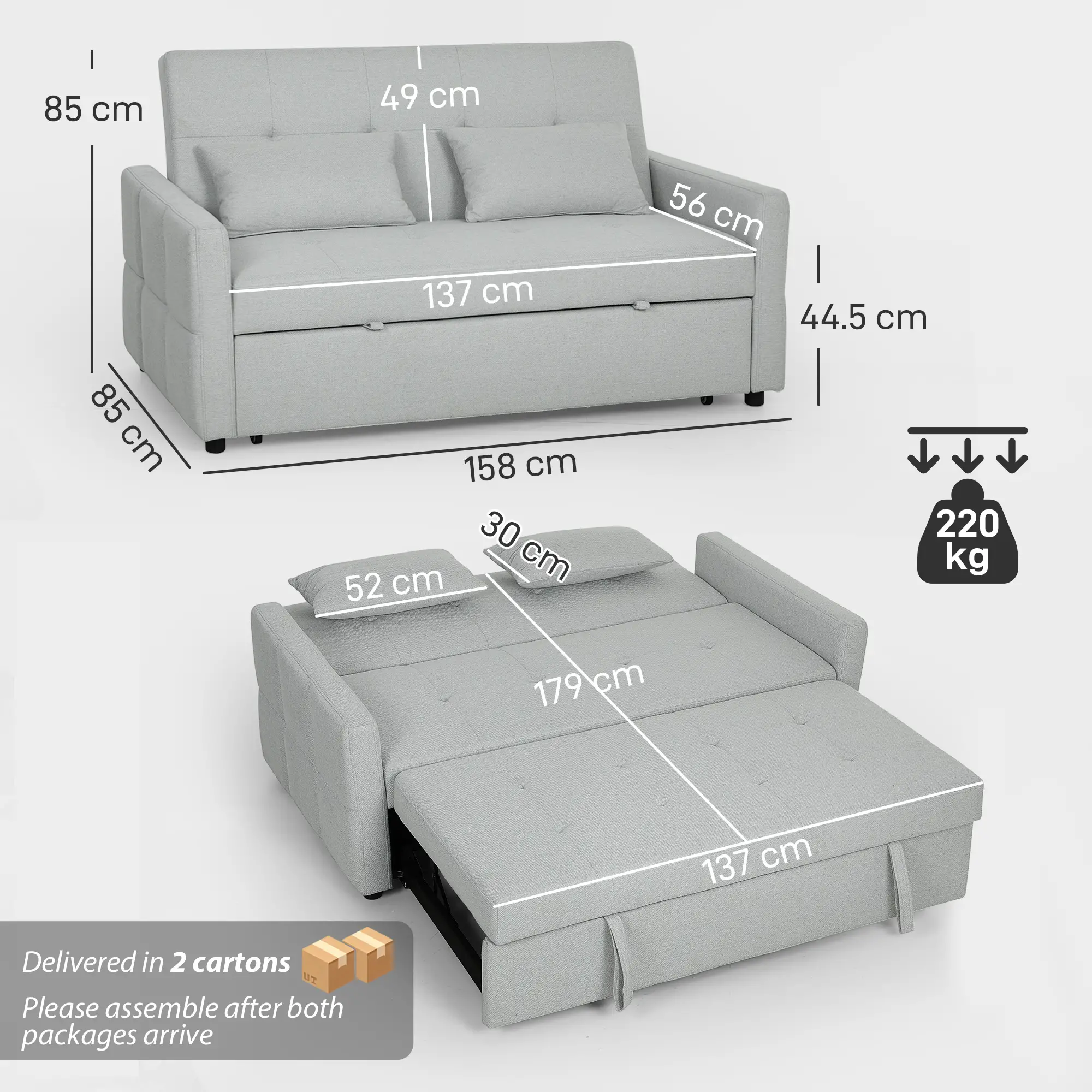 2 Seater Linen Sofa Bed 158 x 85 x 85cm - Light Grey - 3