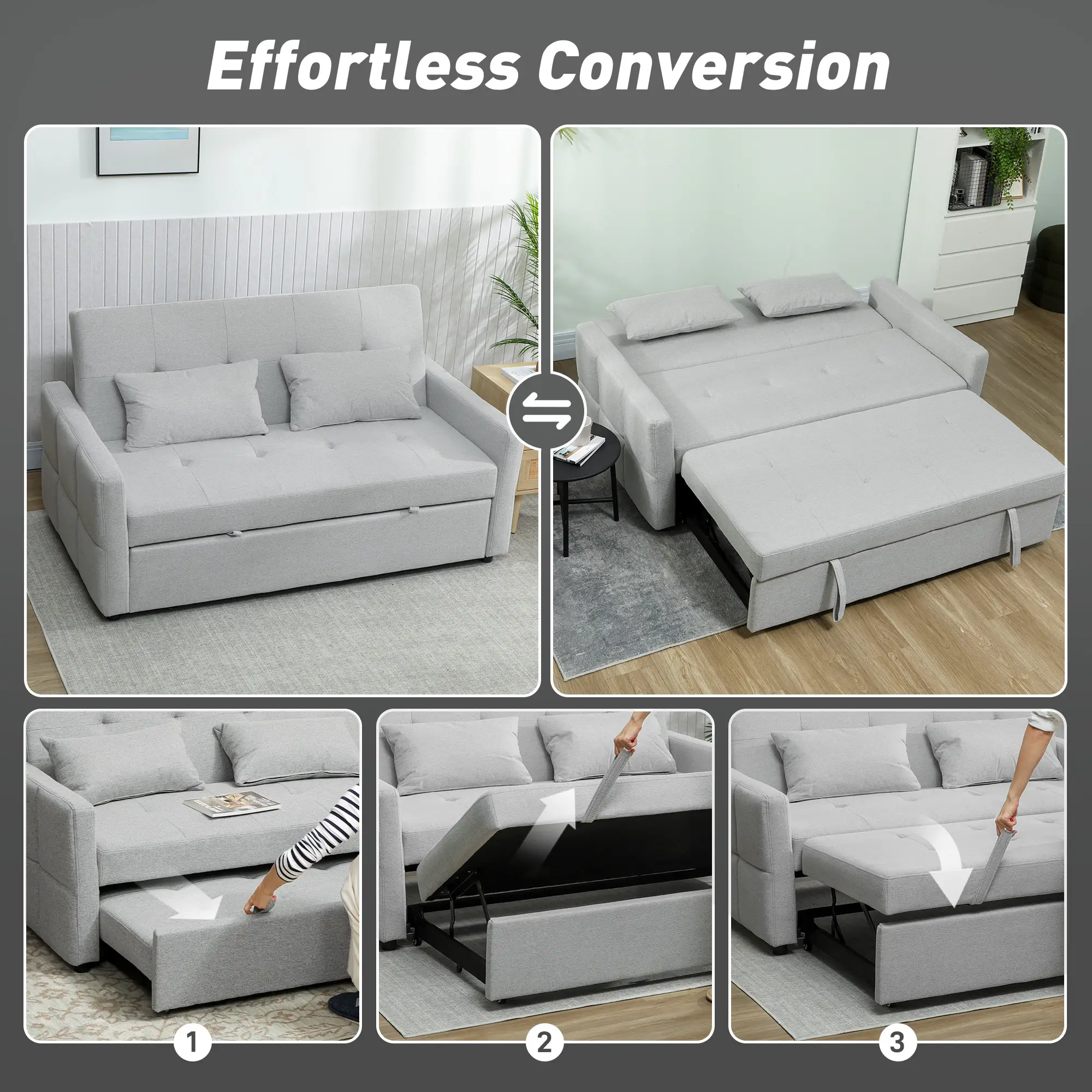 2 Seater Linen Sofa Bed 158 x 85 x 85cm - Light Grey - 4