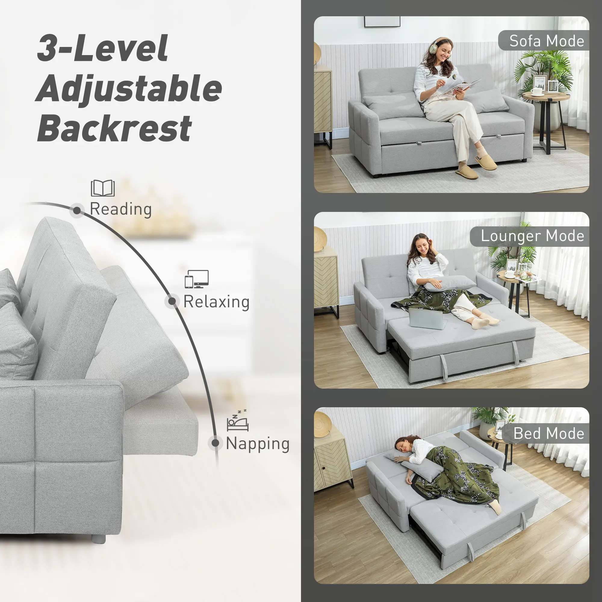 2 Seater Linen Sofa Bed 158 x 85 x 85cm - Light Grey - 5