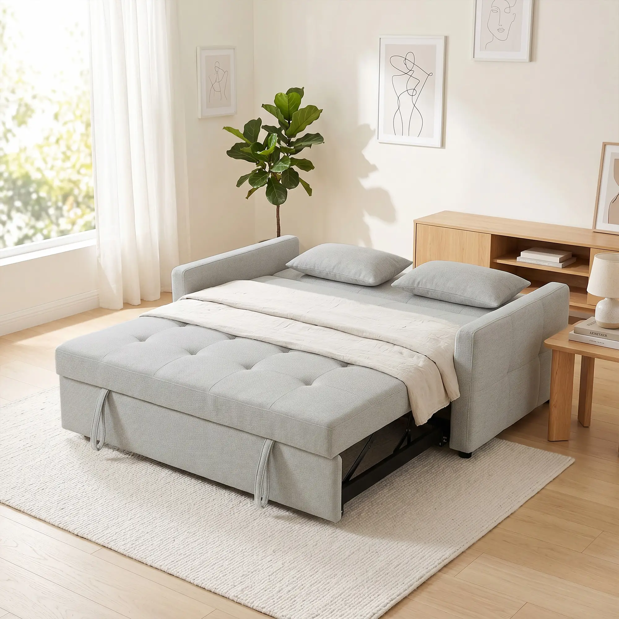 2 Seater Linen Sofa Bed 158 x 85 x 85cm - Light Grey - 15