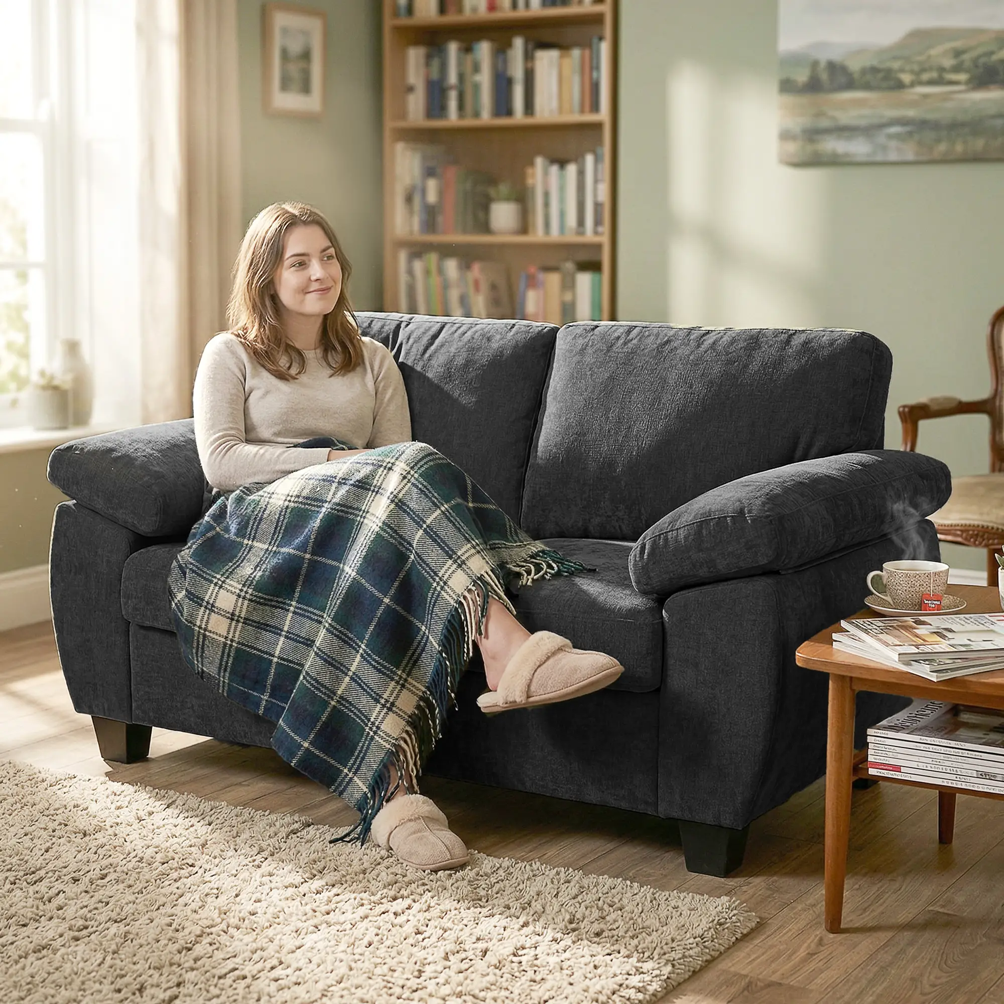 2 Seater Chenille Sofa 156 x 77 x 81cm, Dark Grey - Dark Grey - 2