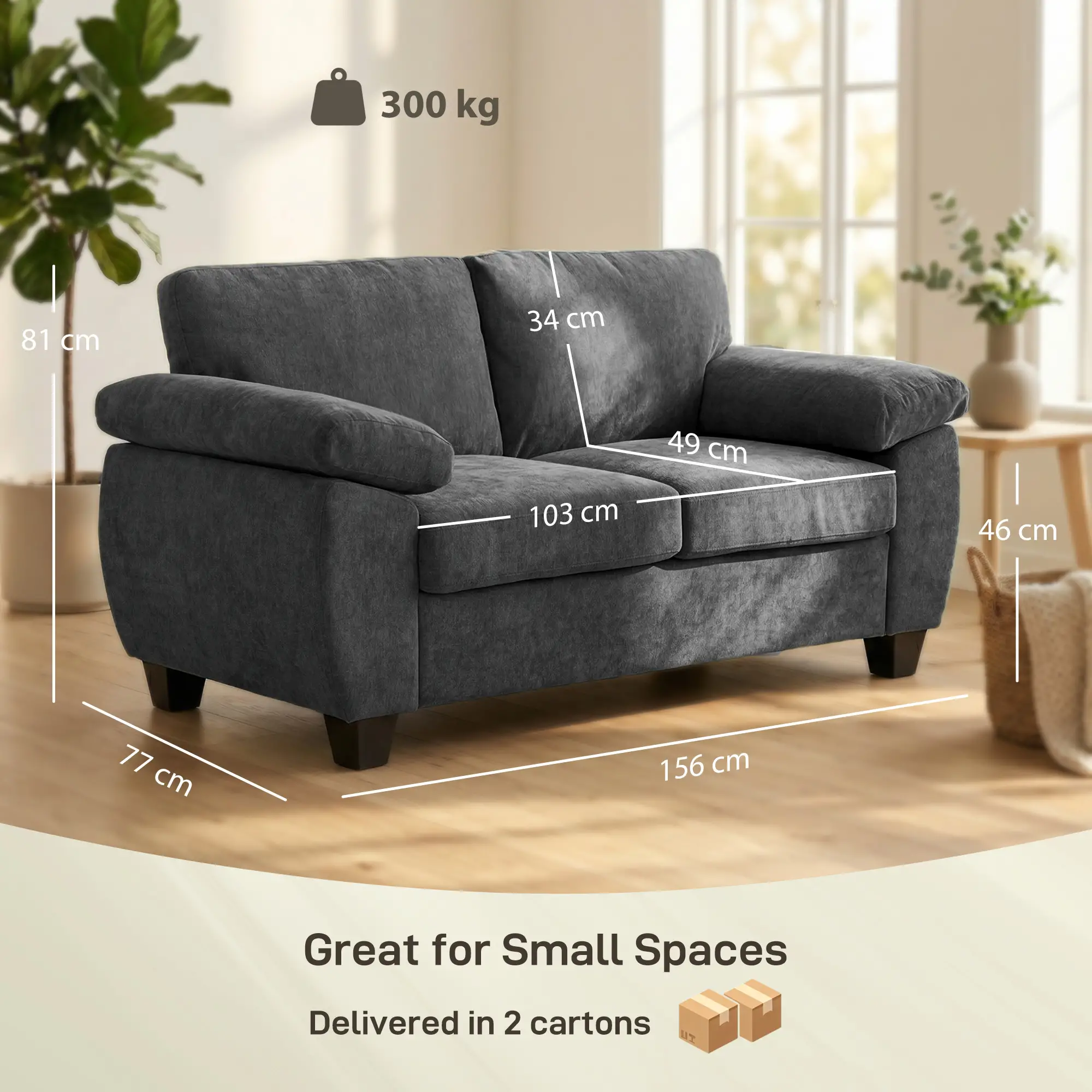 2 Seater Chenille Sofa 156 x 77 x 81cm, Dark Grey - Dark Grey - 3