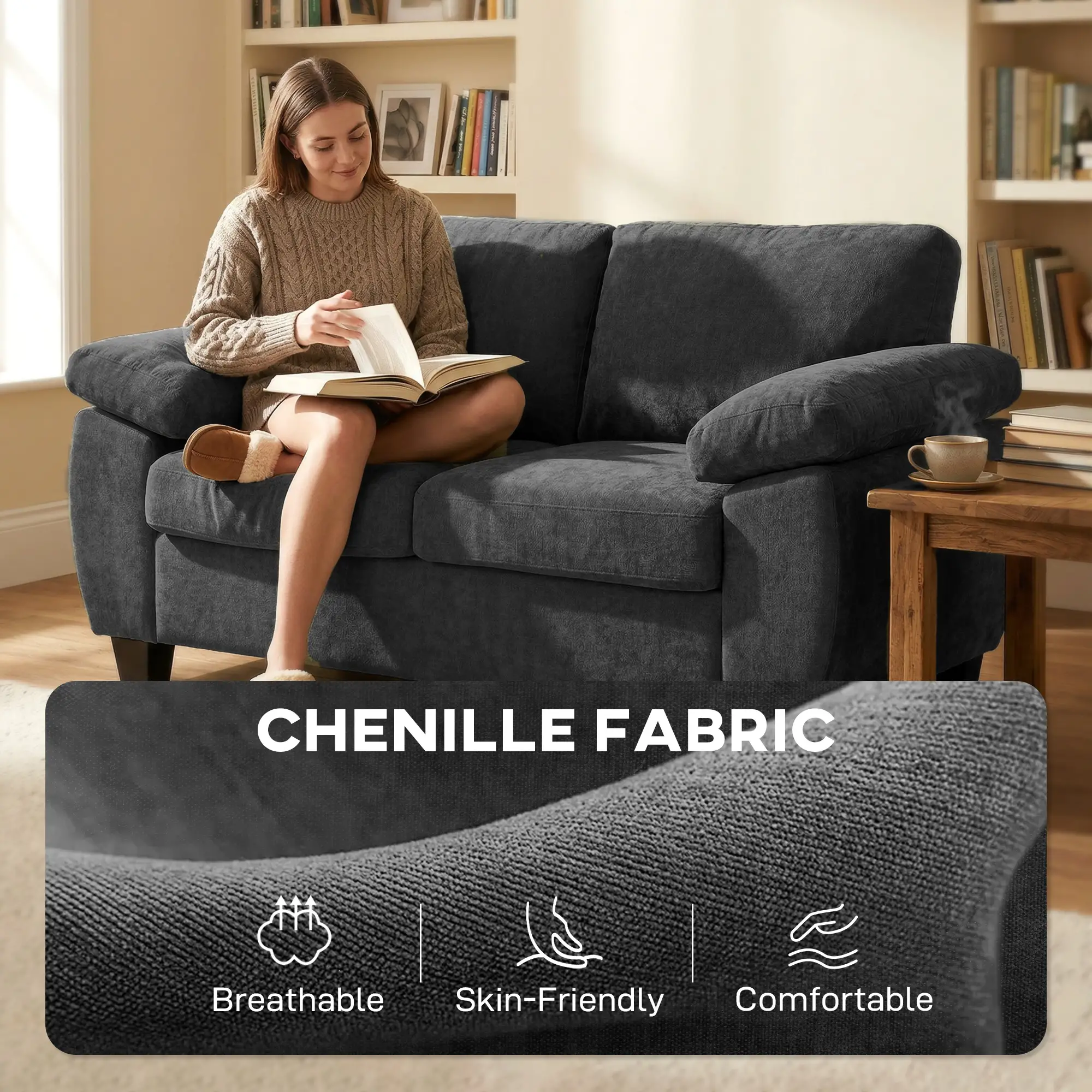 2 Seater Chenille Sofa 156 x 77 x 81cm, Dark Grey - Dark Grey - 5