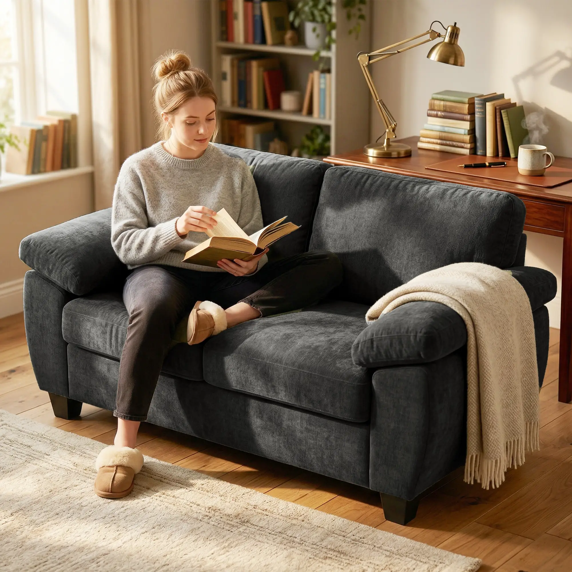 2 Seater Chenille Sofa 156 x 77 x 81cm, Dark Grey - Dark Grey - 7