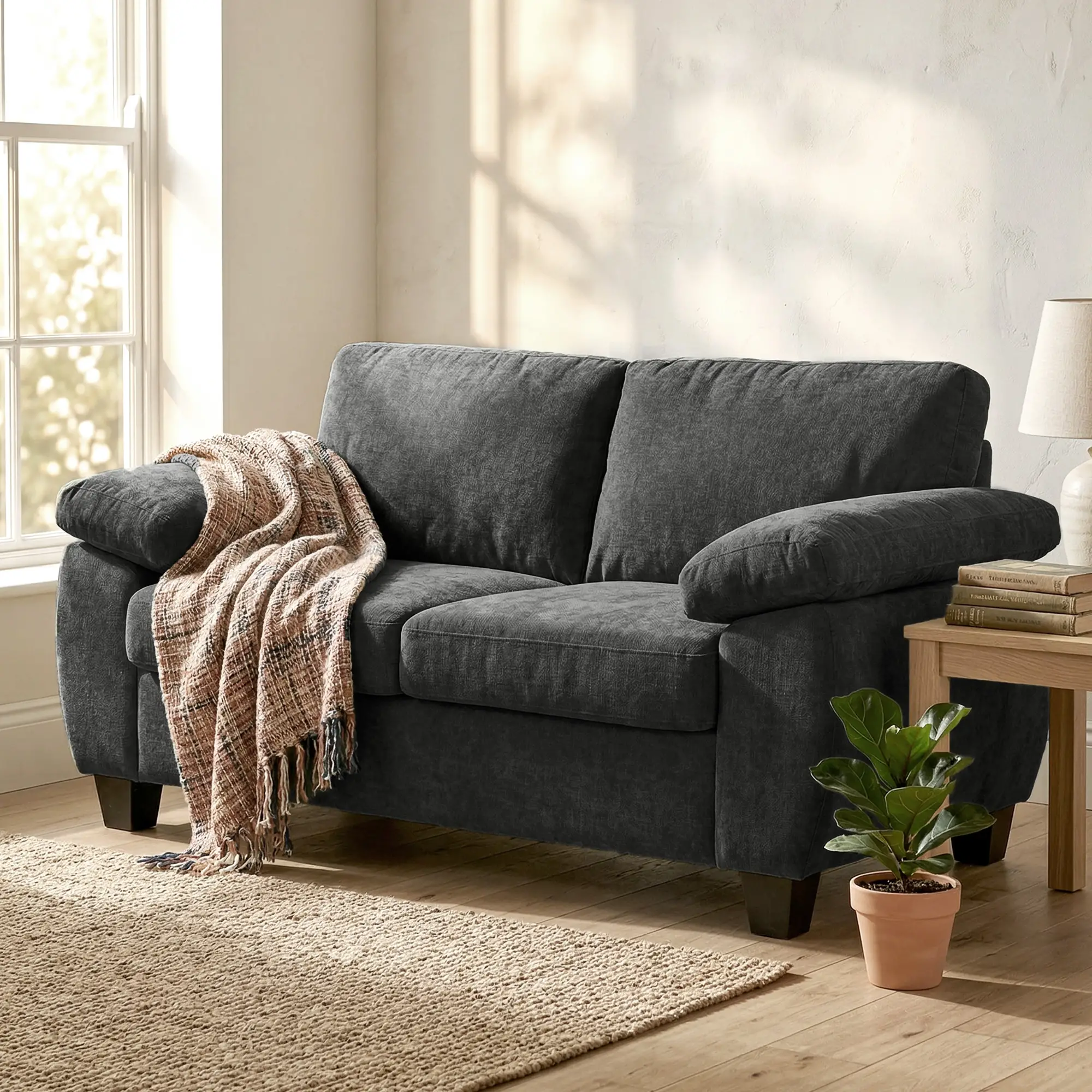 2 Seater Chenille Sofa 156 x 77 x 81cm, Dark Grey - Dark Grey - 8