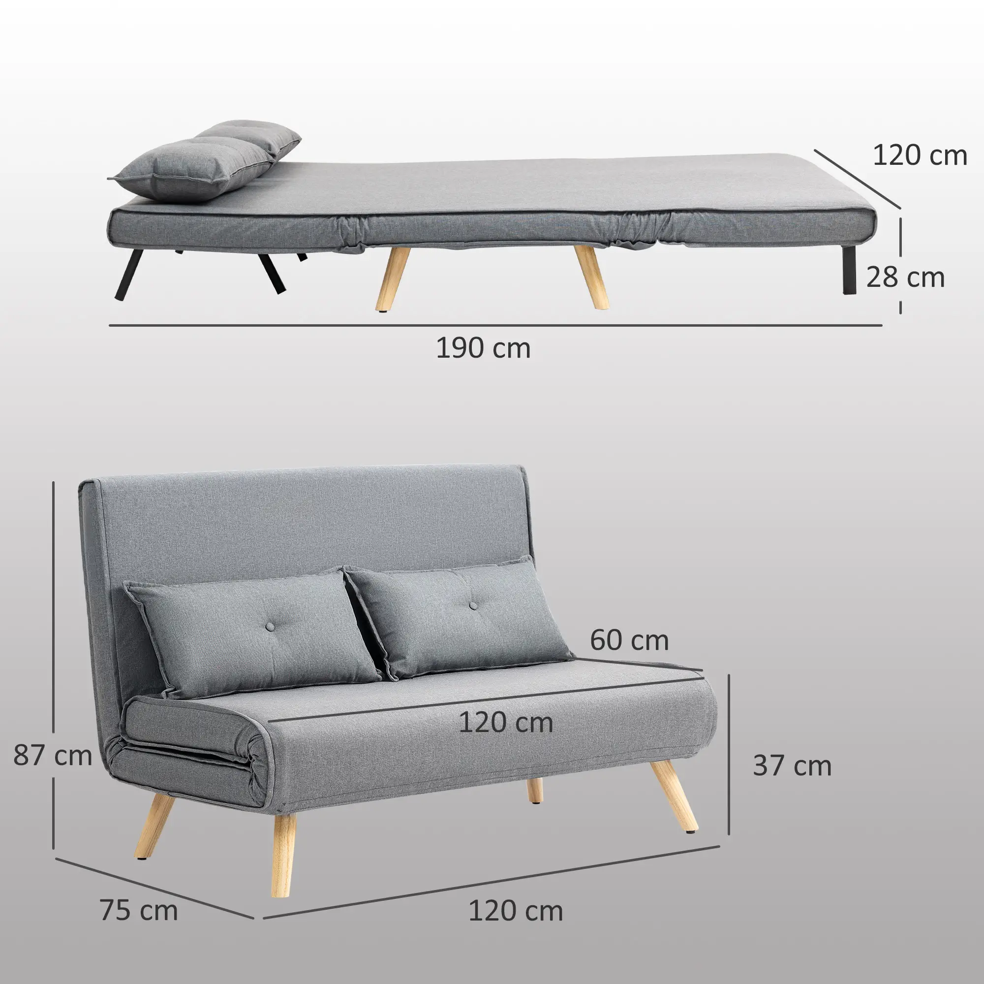 Linen Sofa Bed 120 x 75 x 87cm - Grey - 3