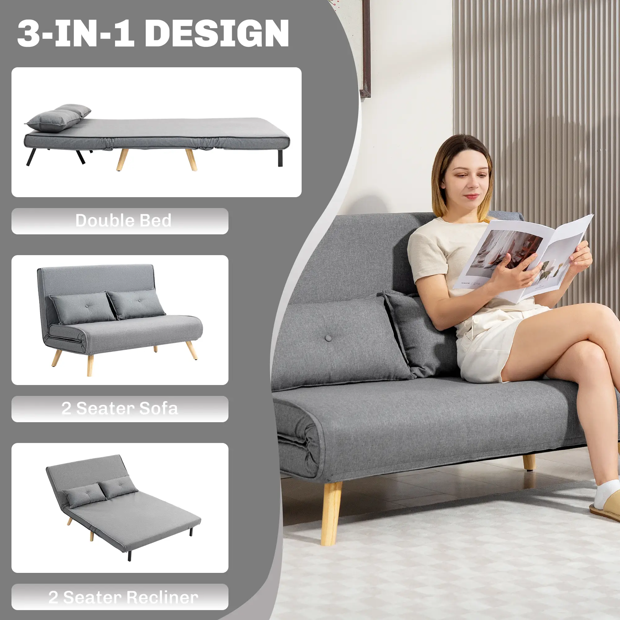 Linen Sofa Bed 120 x 75 x 87cm - Grey - 4
