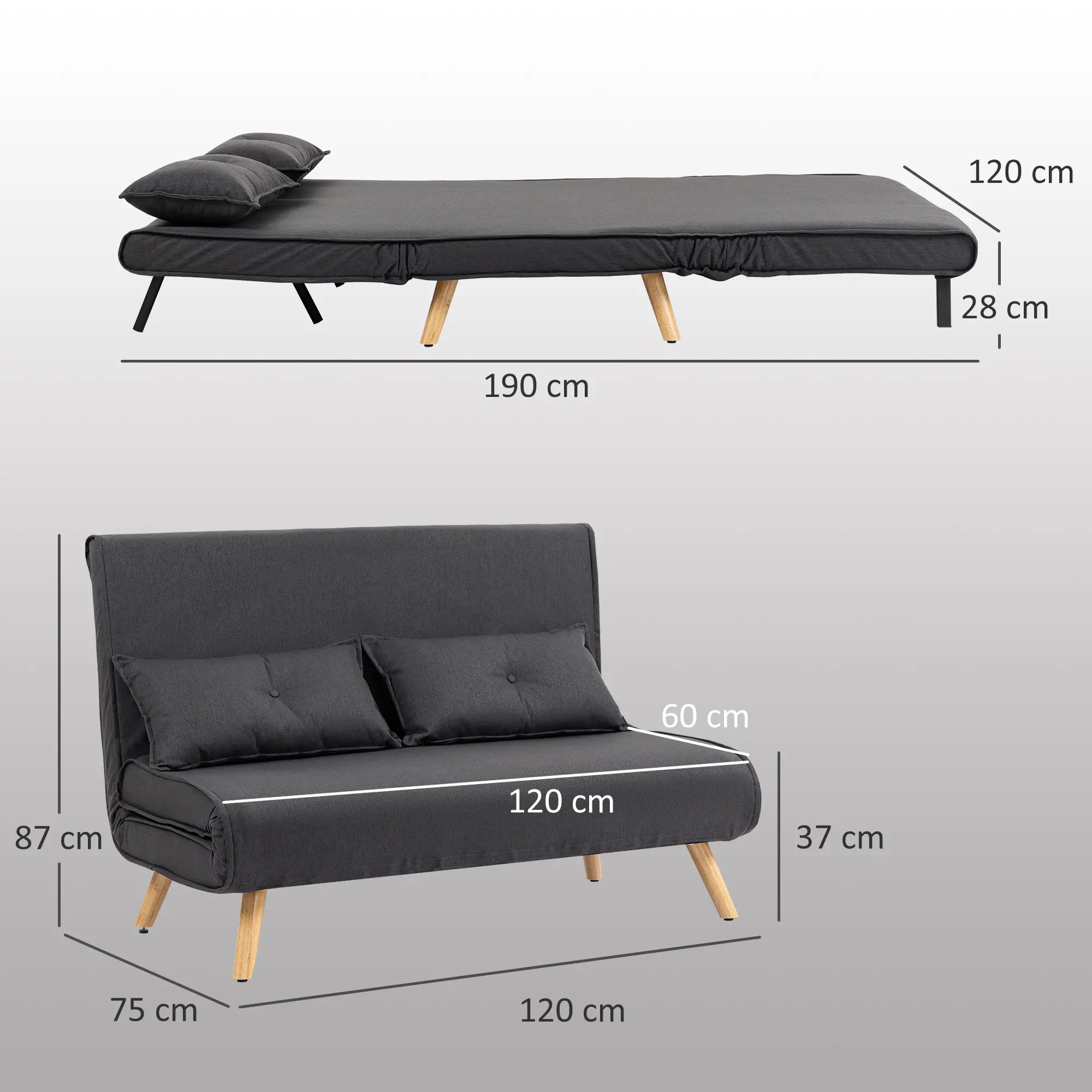 Linen Sofa Bed 120 x 75 x 87cm - Charcoal Grey - 3