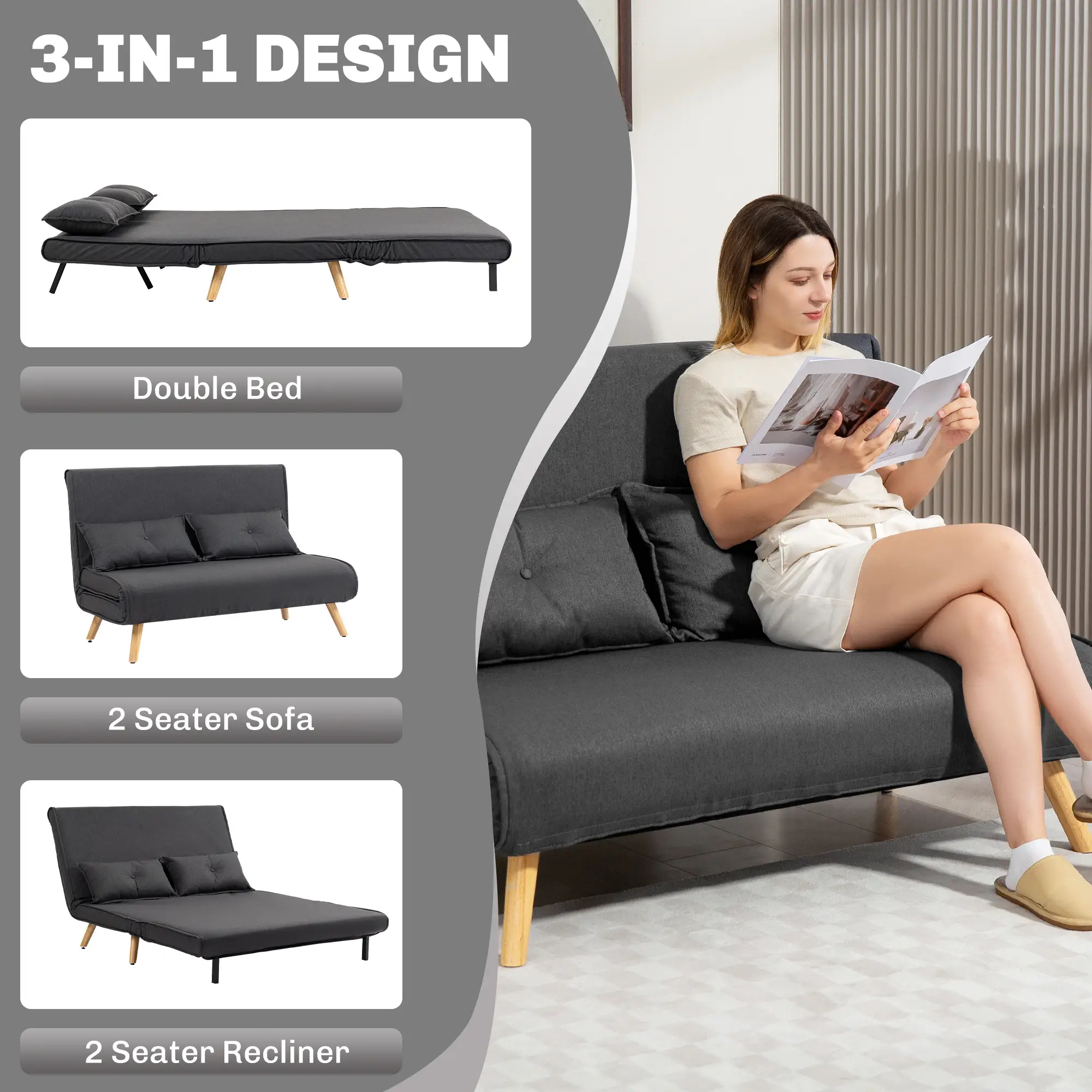 Linen Sofa Bed 120 x 75 x 87cm - Charcoal Grey - 4