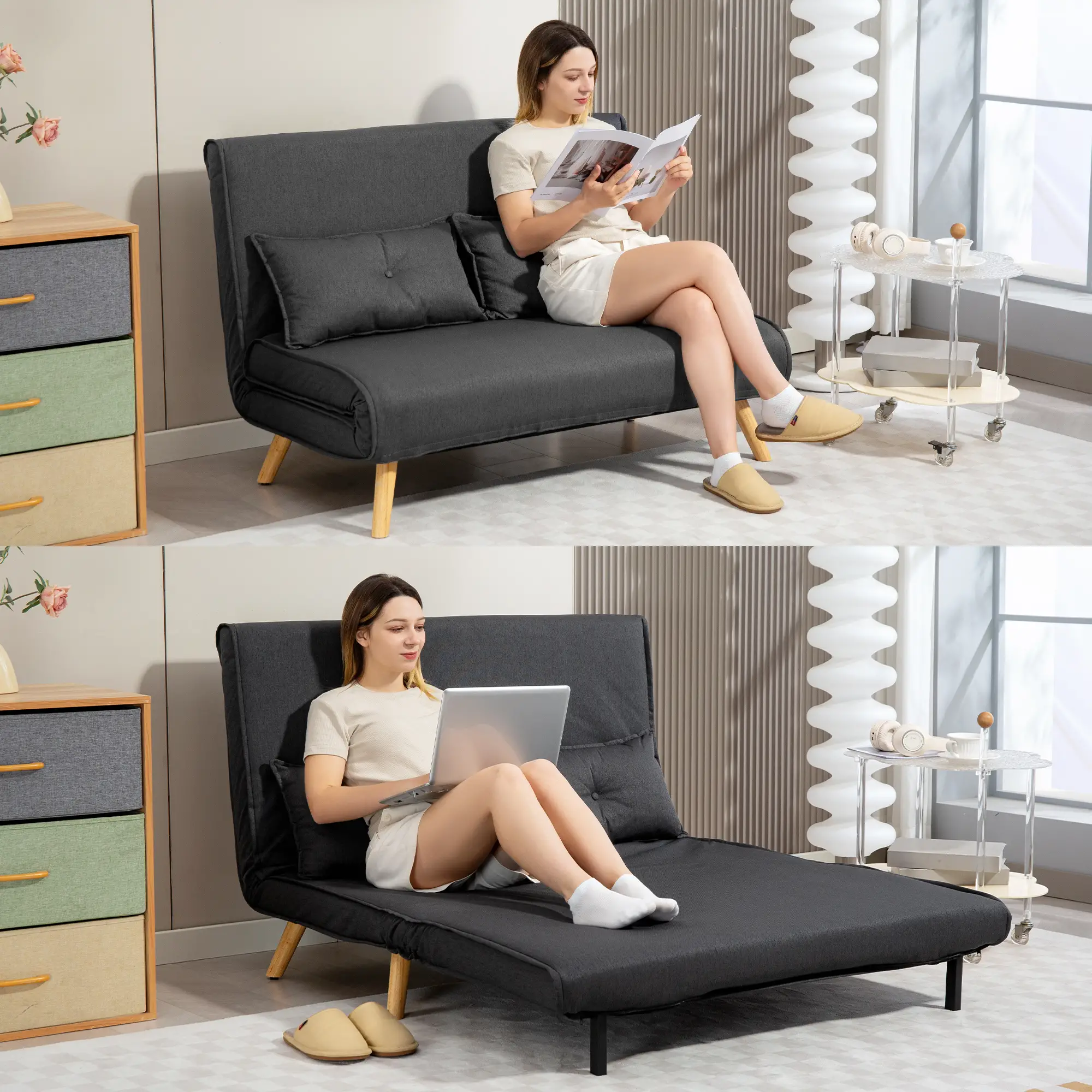 Linen Sofa Bed 120 x 75 x 87cm - Charcoal Grey - 8