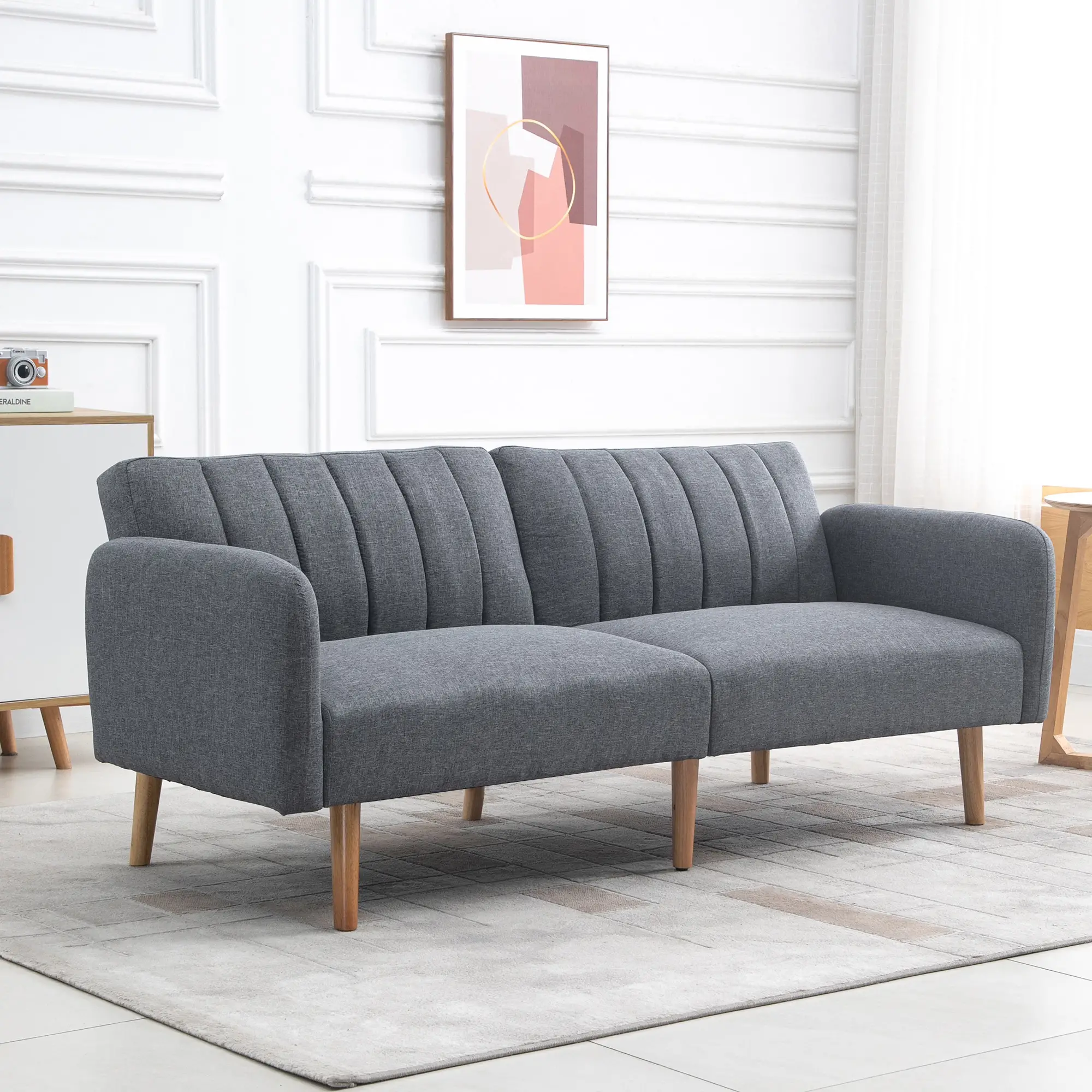 3 Seater Linen Sofa Bed 173 x 75 x 73cm, Grey - Grey - 2