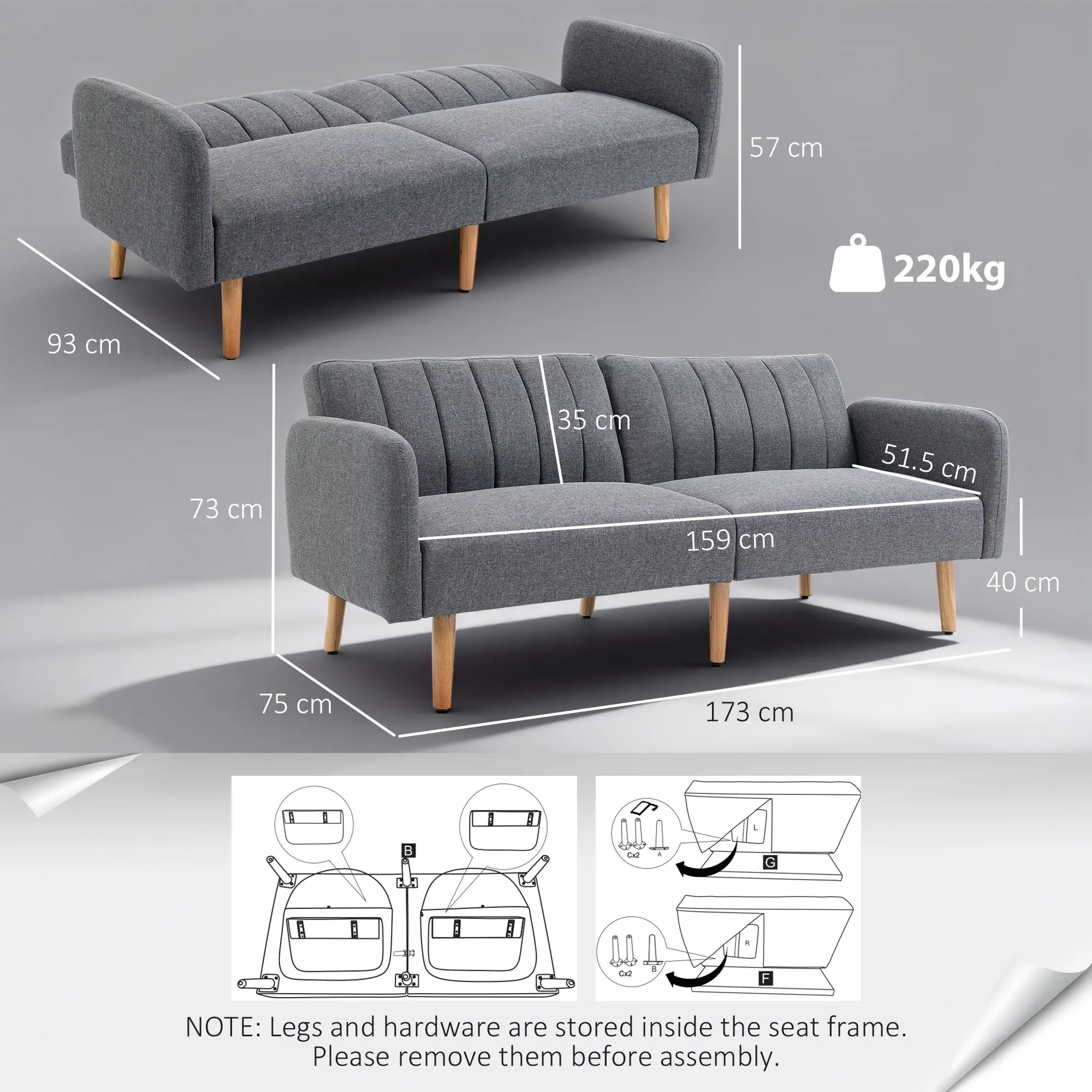 3 Seater Linen Sofa Bed 173 x 75 x 73cm, Grey - Grey - 3