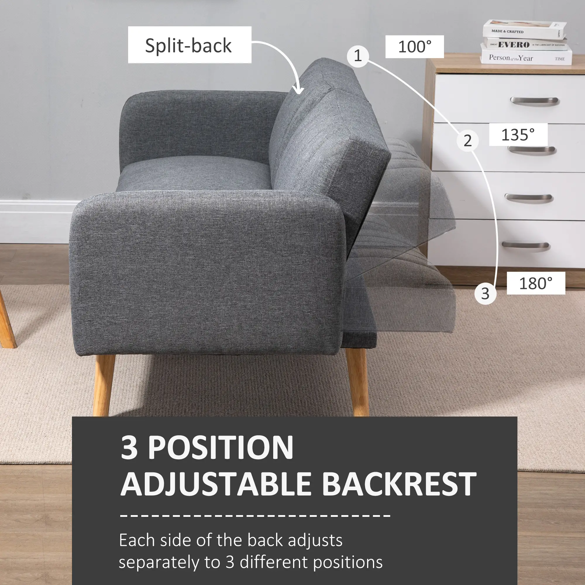 3 Seater Linen Sofa Bed 173 x 75 x 73cm, Grey - Grey - 5