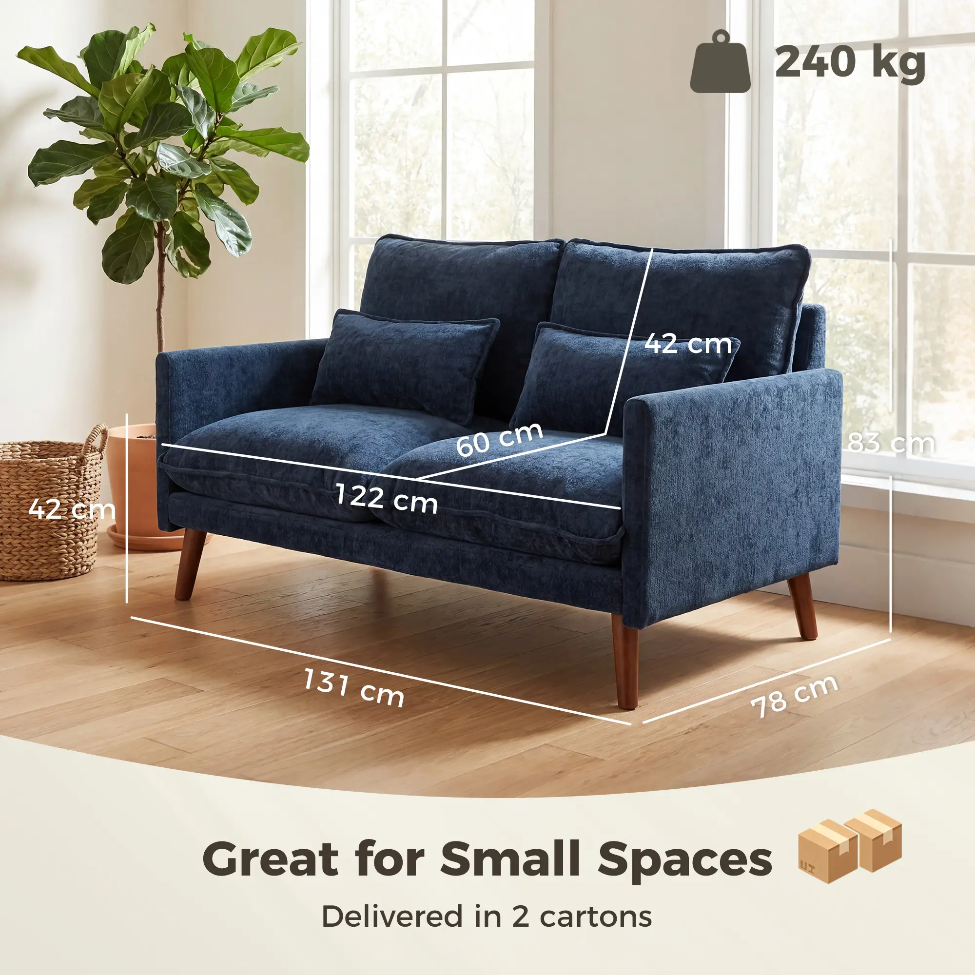2 Seater Velvet Sofa 131 x 78 x 83cm - Blue - 3