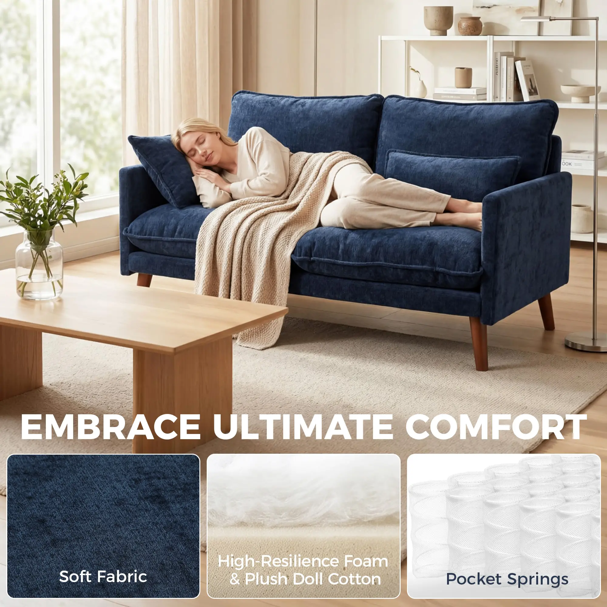 2 Seater Velvet Sofa 131 x 78 x 83cm - Blue - 4
