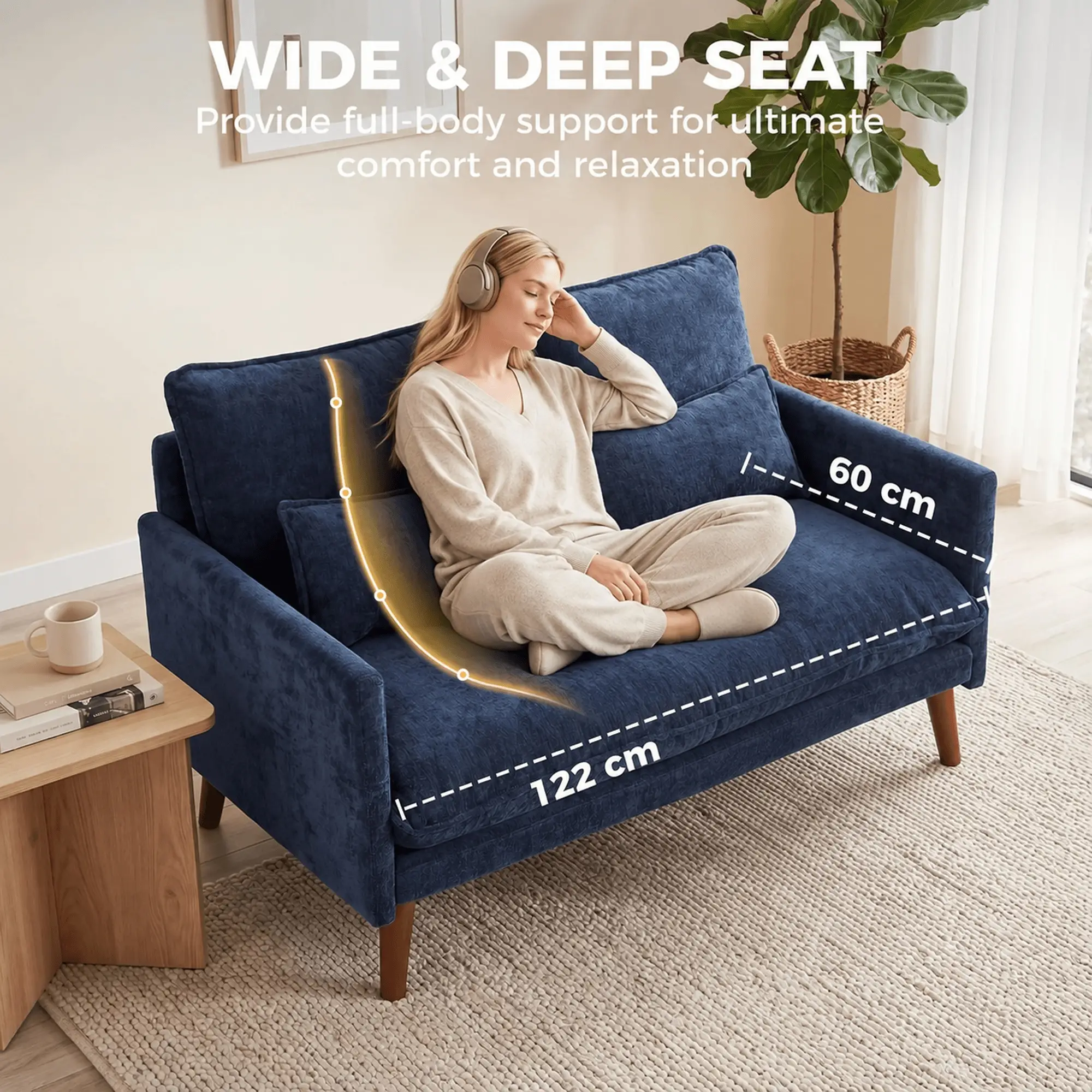 2 Seater Velvet Sofa 131 x 78 x 83cm - Blue - 5