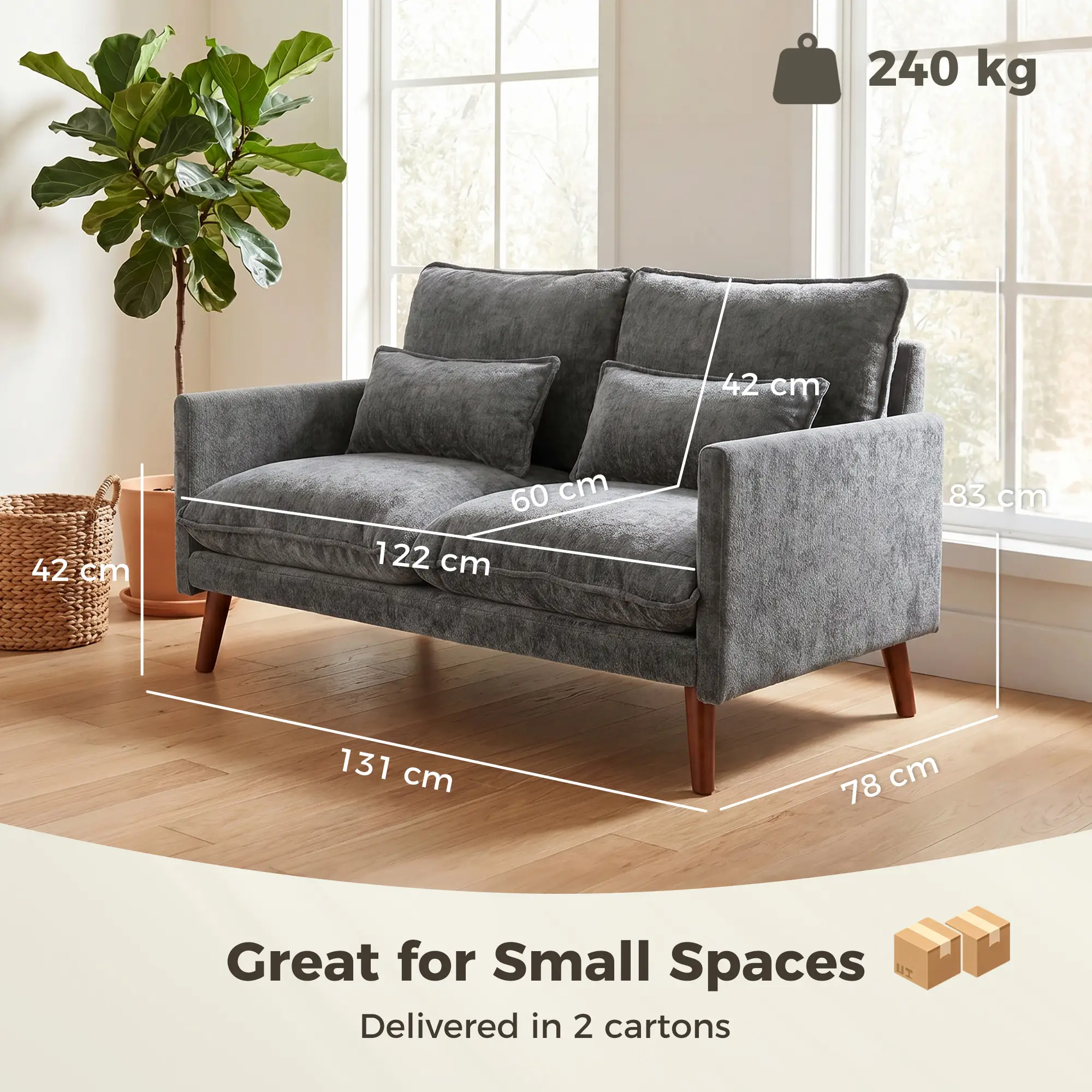 2 Seater Velvet Sofa 131 x 78 x 83cm - Grey - 3