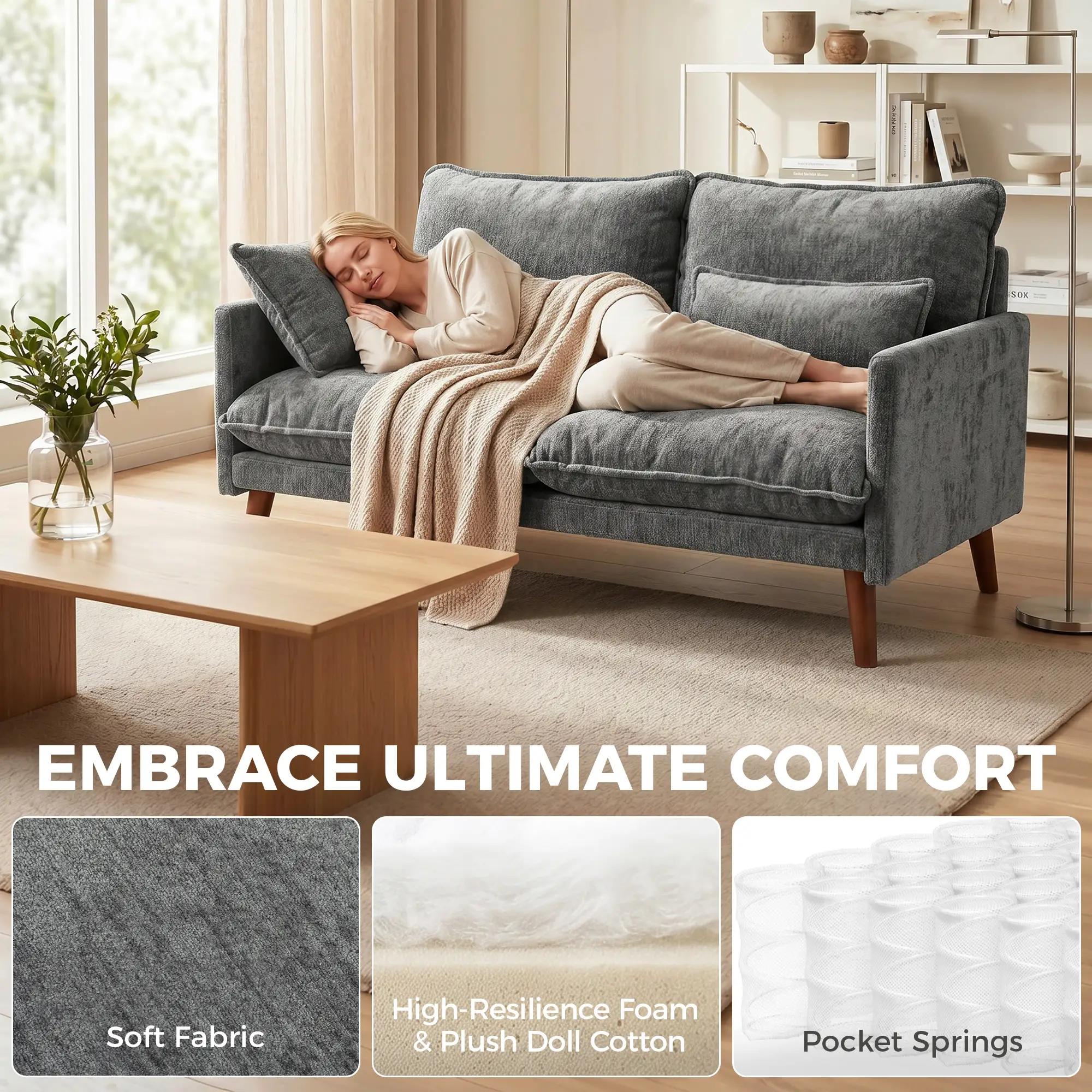 2 Seater Velvet Sofa 131 x 78 x 83cm - Grey - 4