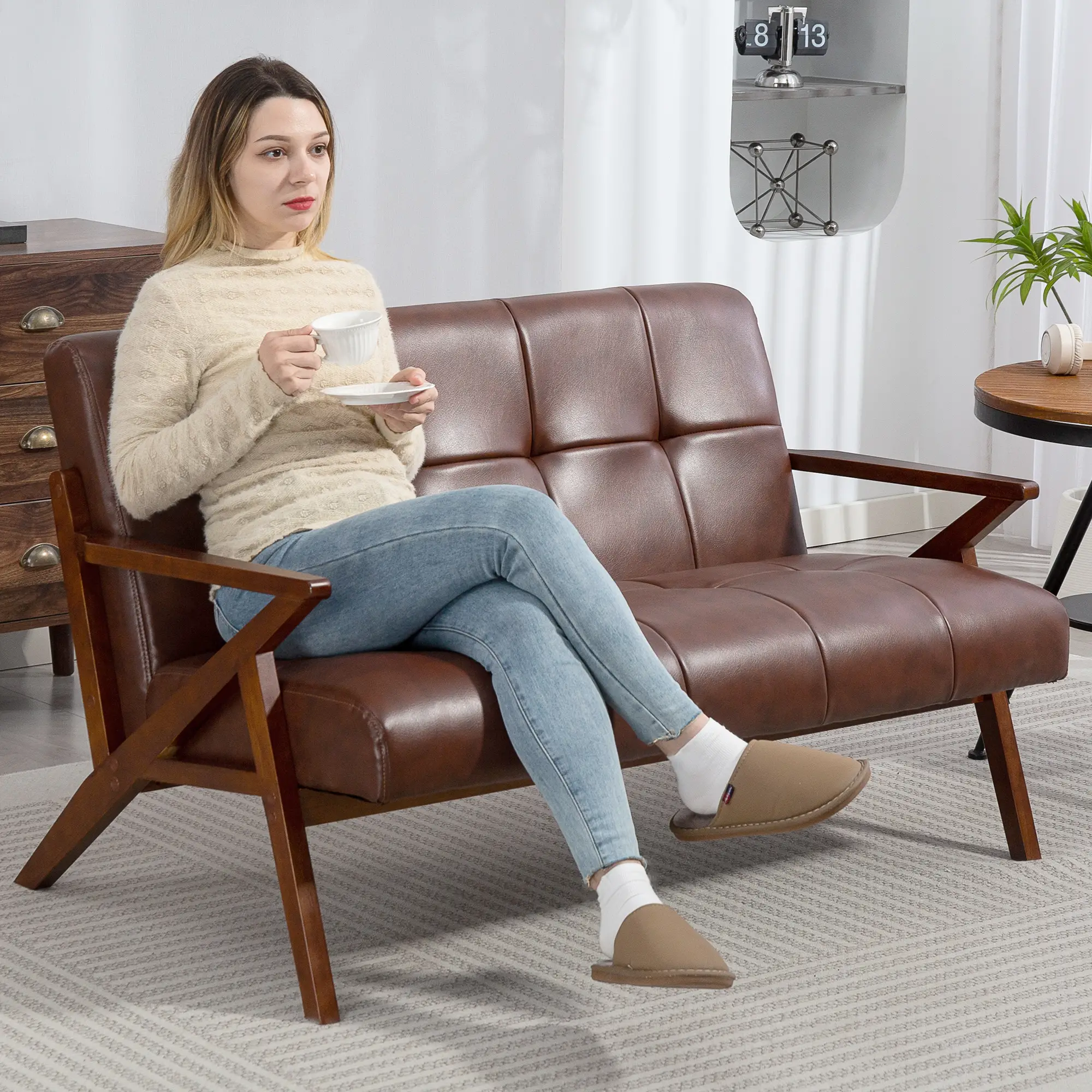 2 Seater Faux Leather Sofa 133 x 81 x 78.5cm, Brown - Brown - 2