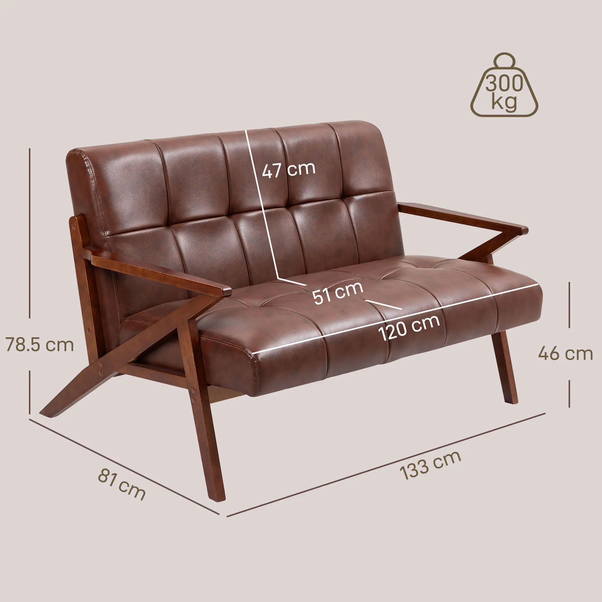2 Seater Faux Leather Sofa 133 x 81 x 78.5cm, Brown - Brown - 3