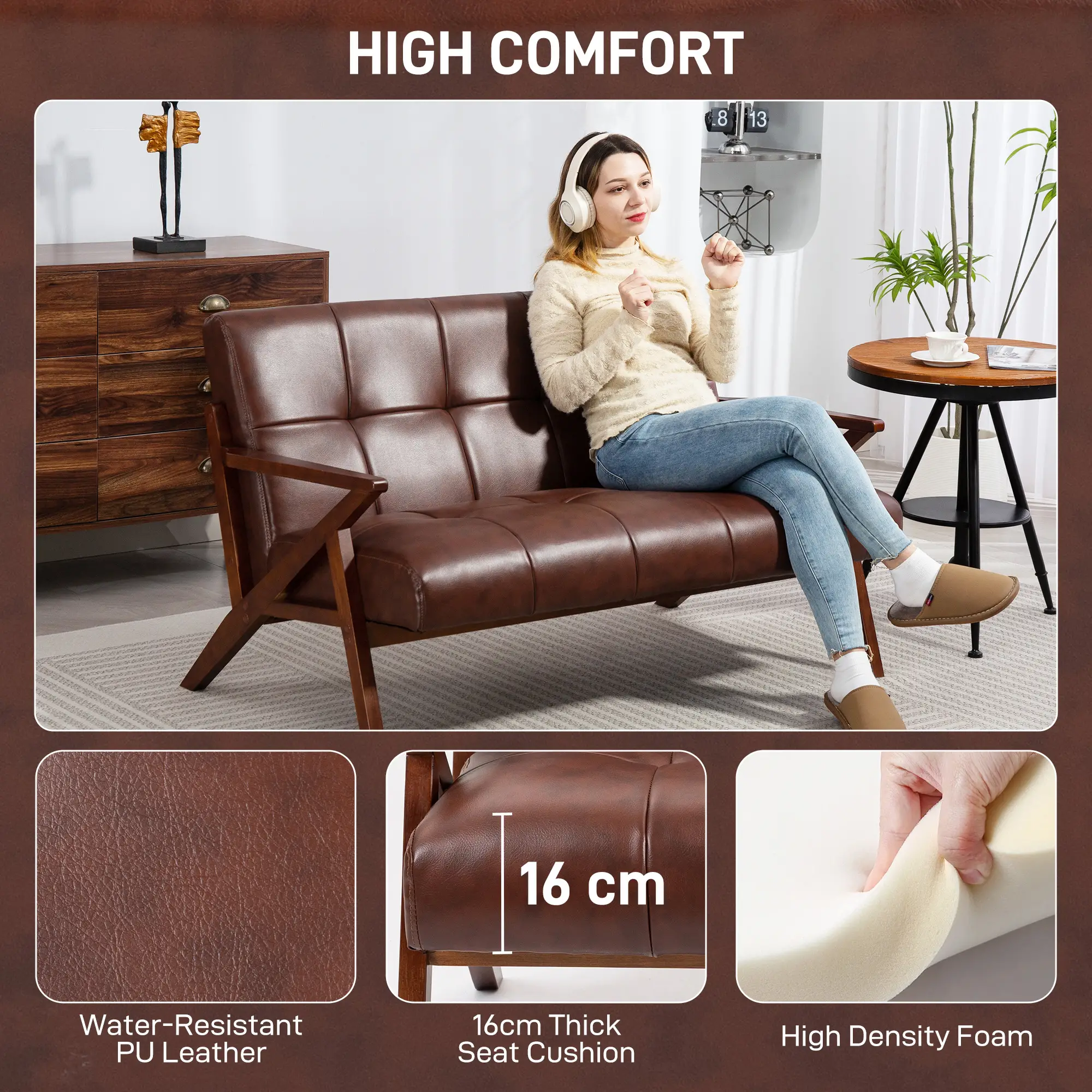 2 Seater Faux Leather Sofa 133 x 81 x 78.5cm, Brown - Brown - 4