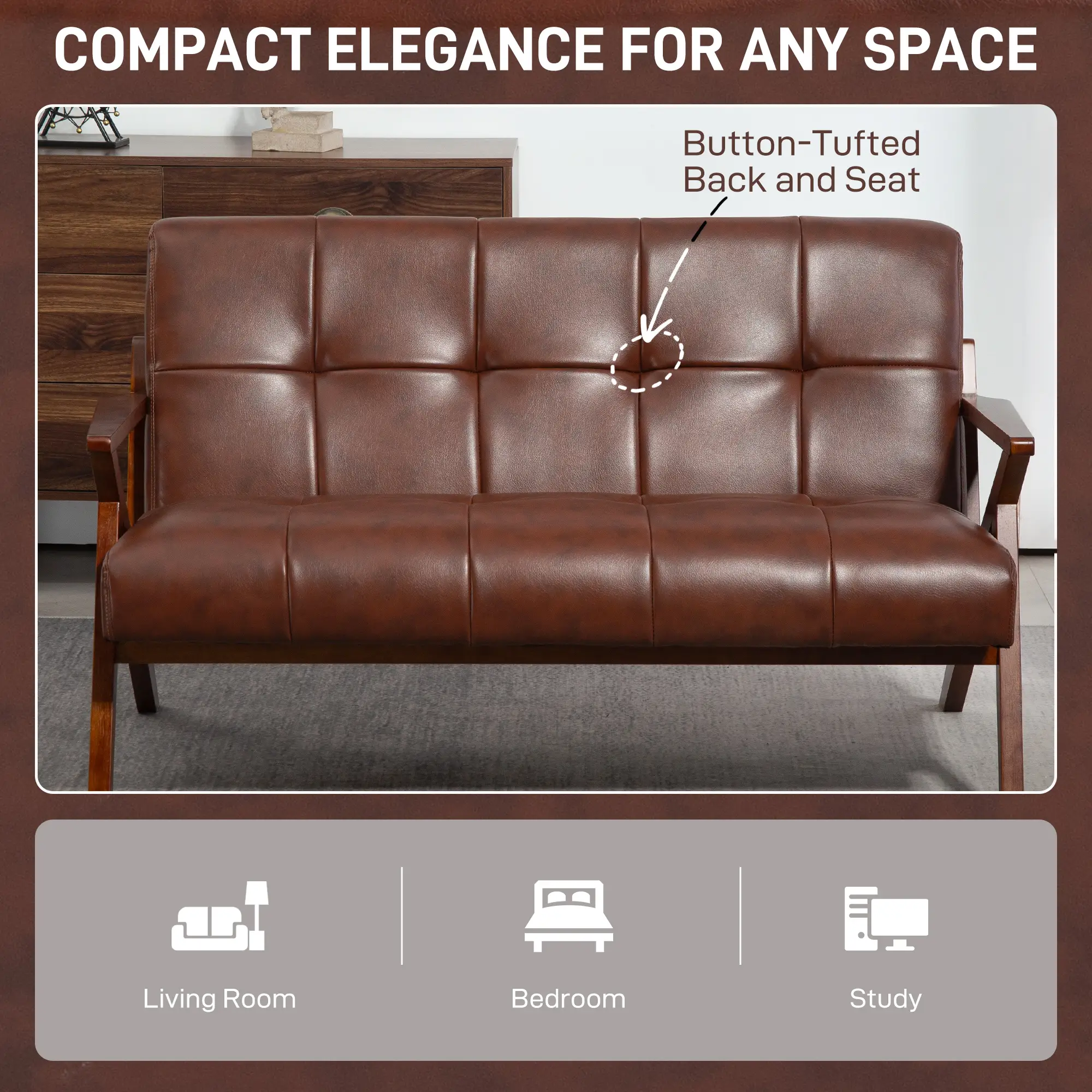 2 Seater Faux Leather Sofa 133 x 81 x 78.5cm, Brown - Brown - 5