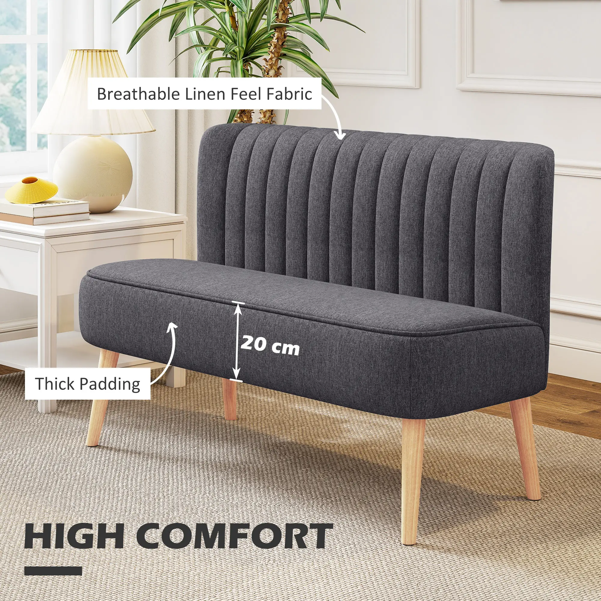 2 Seater Linen Sofa 117 x 56.5 x 77cm - Dark Grey - 4