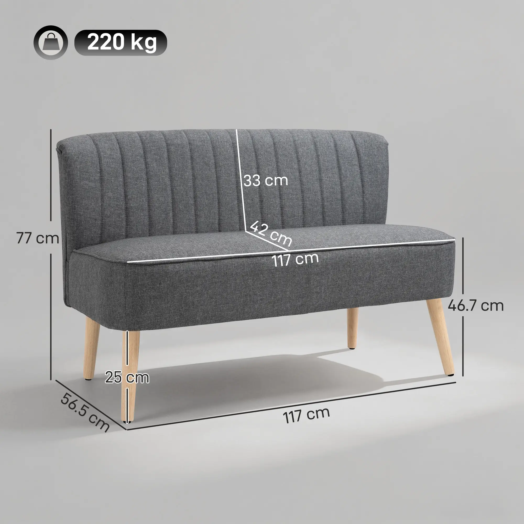 2 Seater Linen Sofa 117 x 56.5 x 77cm - Grey - 3