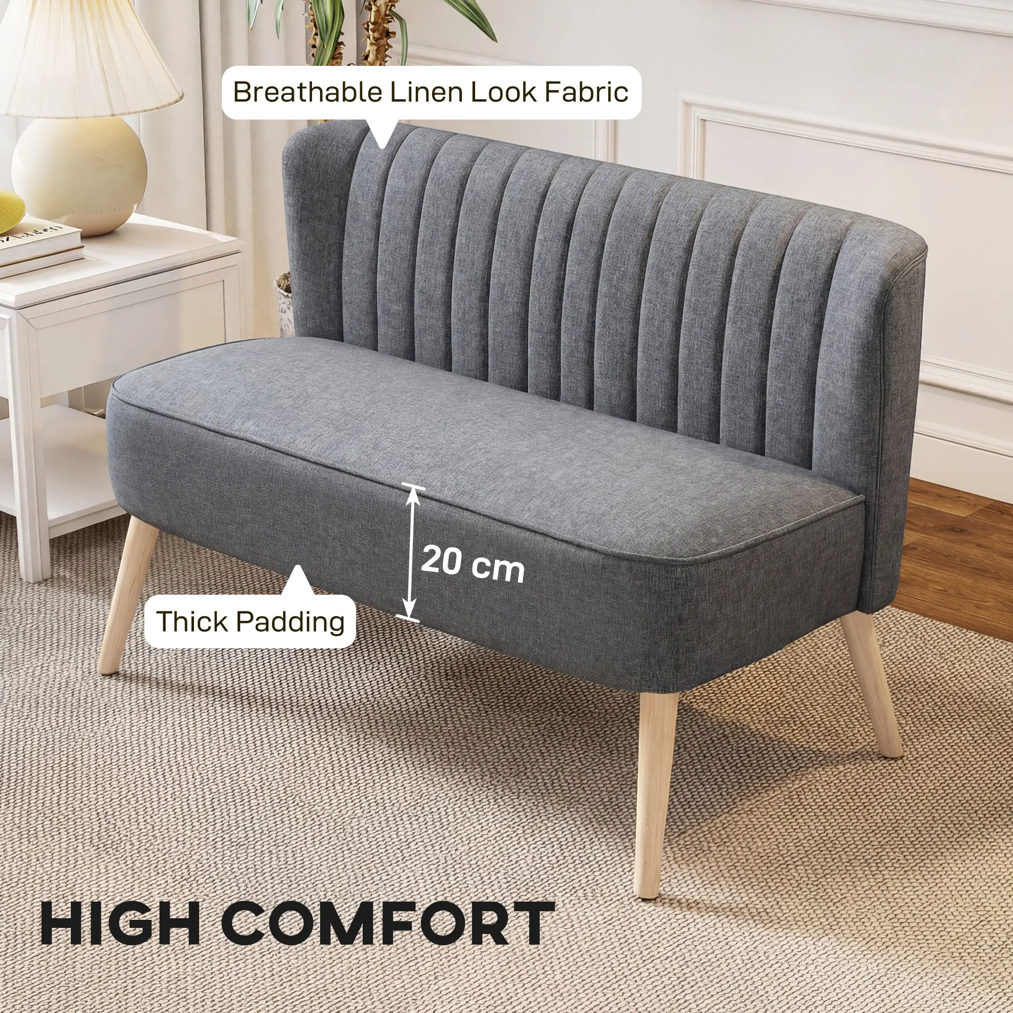 2 Seater Linen Sofa 117 x 56.5 x 77cm - Grey - 4