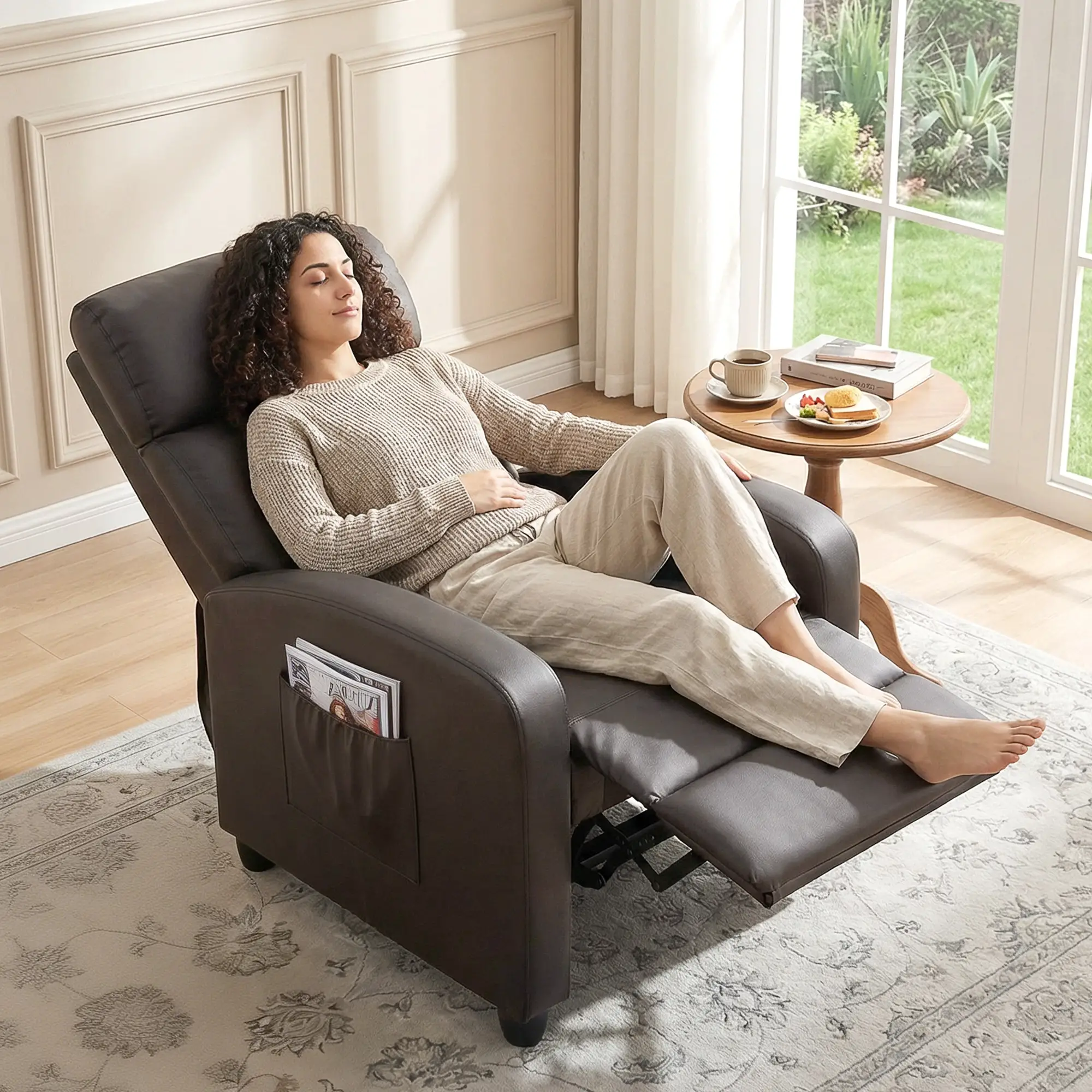 Manual Faux Leather Recliner Armchair 68 x 88 x 98cm - Brown - 2