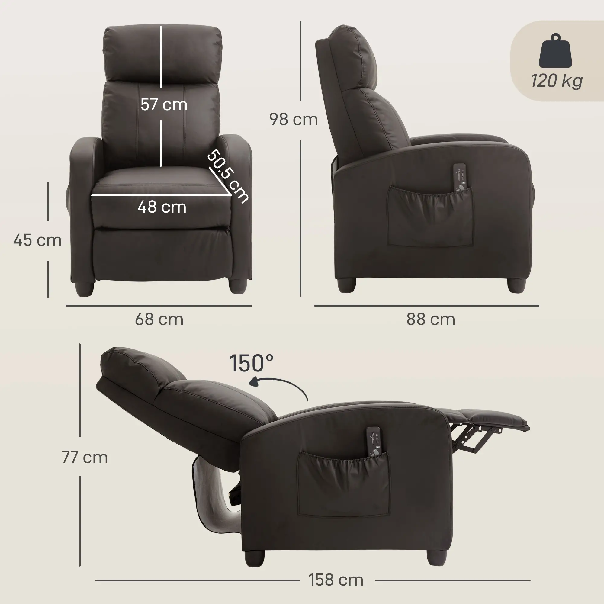 Manual Faux Leather Recliner Armchair 68 x 88 x 98cm - Brown - 3