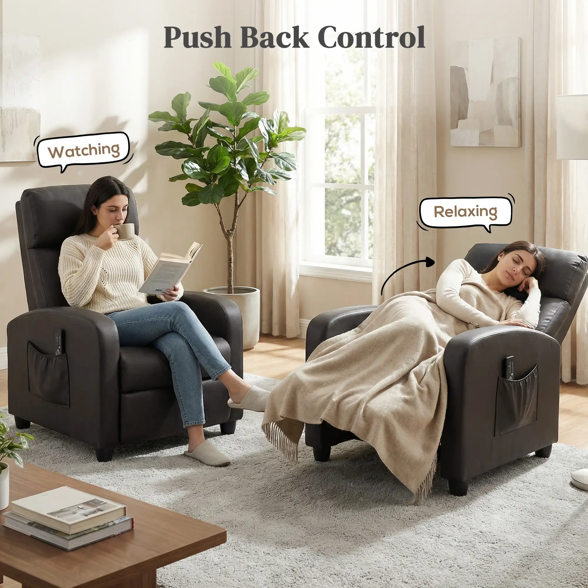 Manual Faux Leather Recliner Armchair 68 x 88 x 98cm - Brown - 5