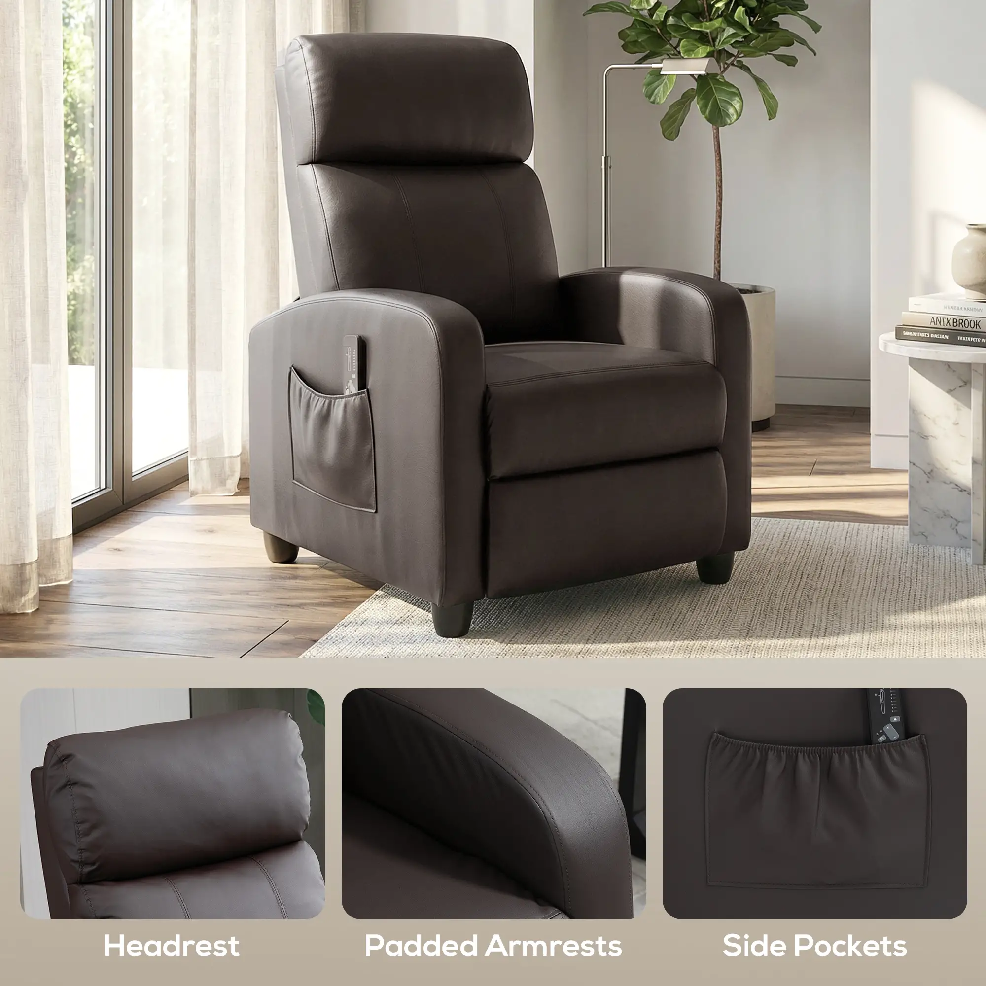 Manual Faux Leather Recliner Armchair 68 x 88 x 98cm - Brown - 7