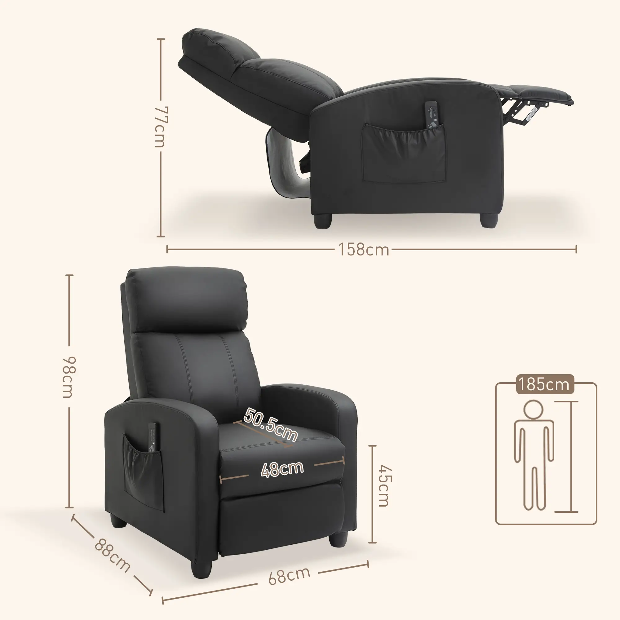 Manual Faux Leather Recliner Armchair 68 x 88 x 98cm - Black - 3
