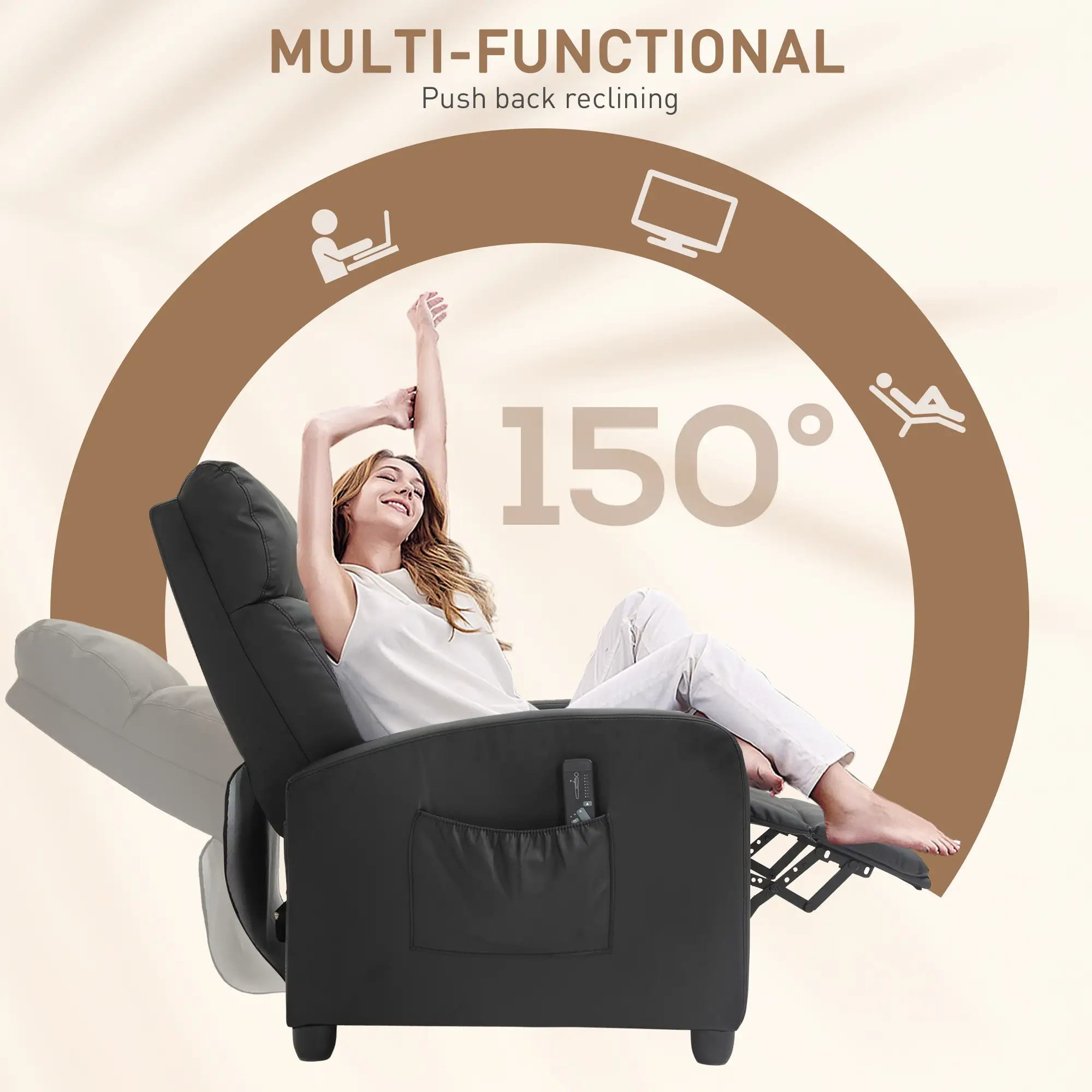 Manual Faux Leather Recliner Armchair 68 x 88 x 98cm - Black - 5