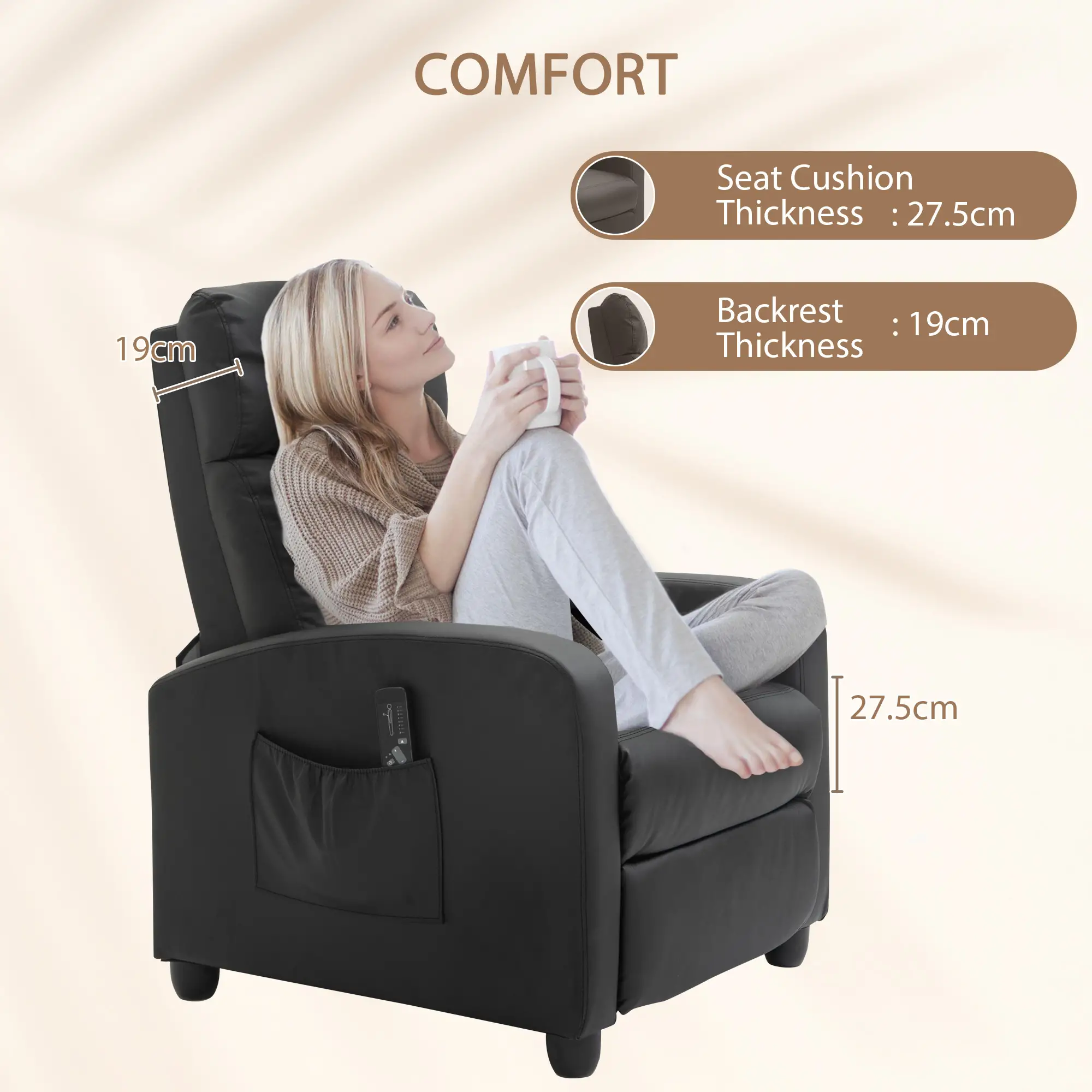 Manual Faux Leather Recliner Armchair 68 x 88 x 98cm - Black - 7