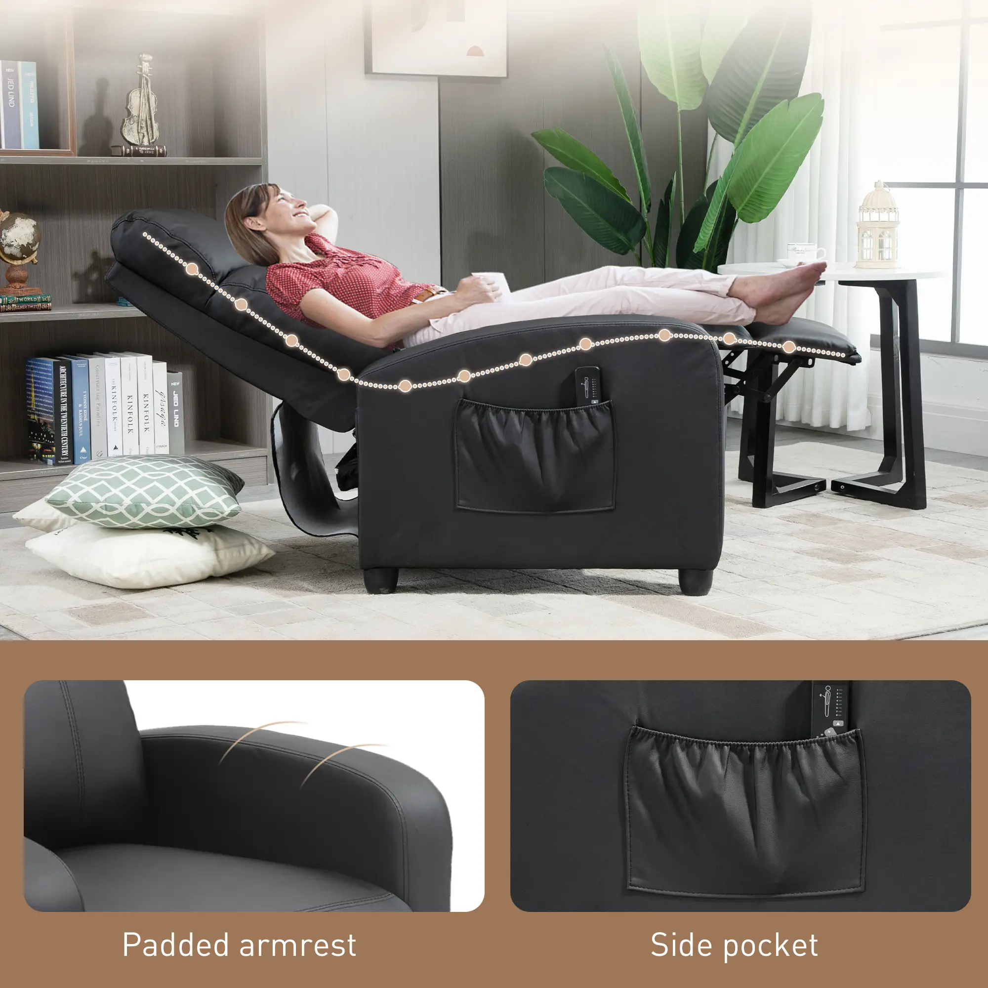 Manual Faux Leather Recliner Armchair 68 x 88 x 98cm - Black - 8