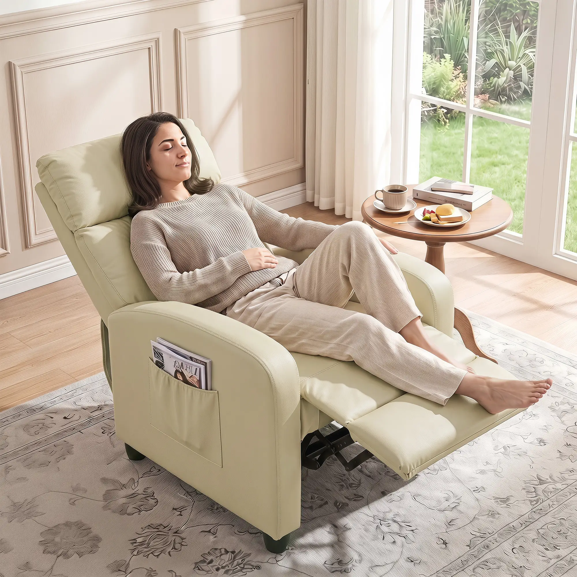 Manual Faux Leather Recliner Armchair 68 x 88 x 98cm - Cream White - 2