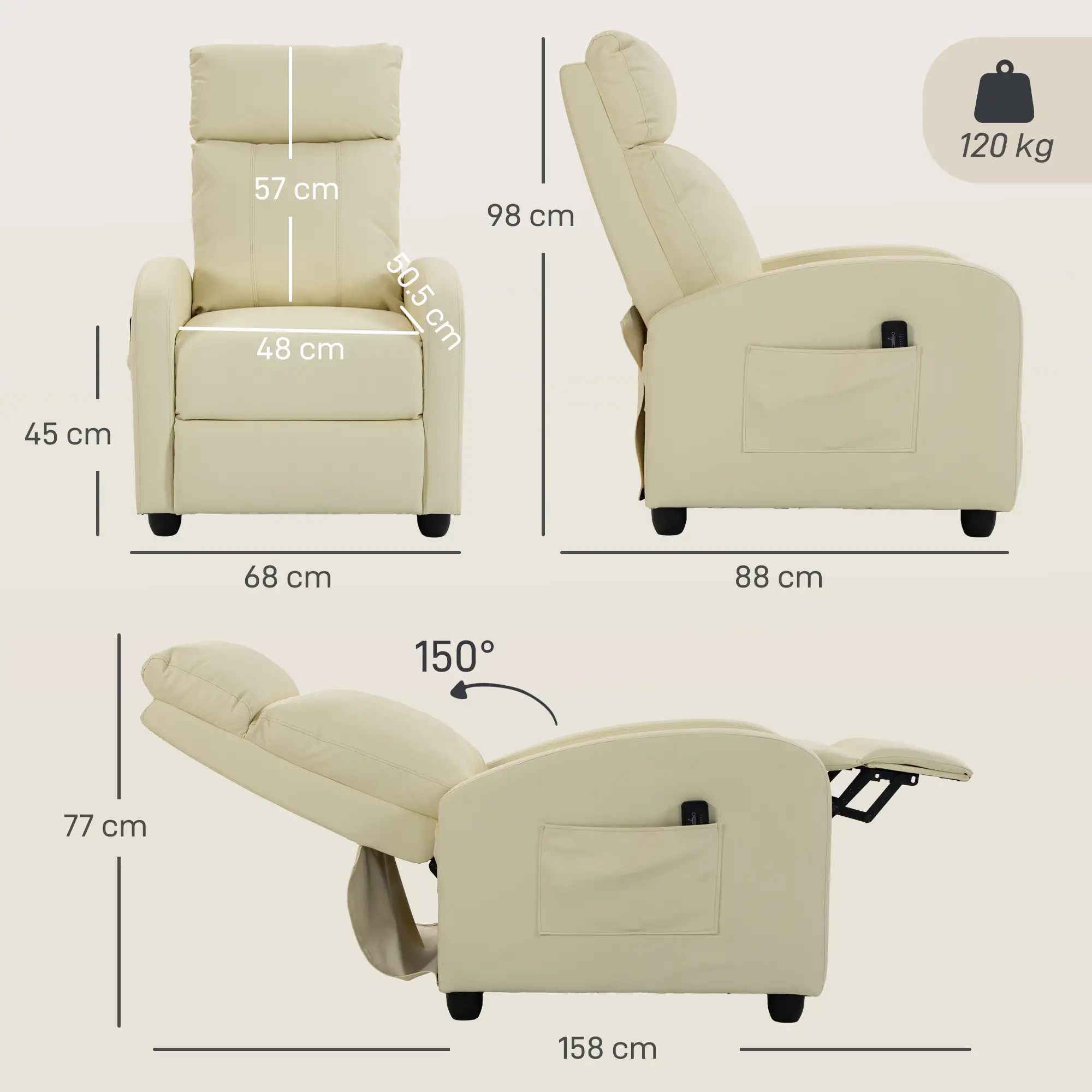 Manual Faux Leather Recliner Armchair 68 x 88 x 98cm - Cream White - 3