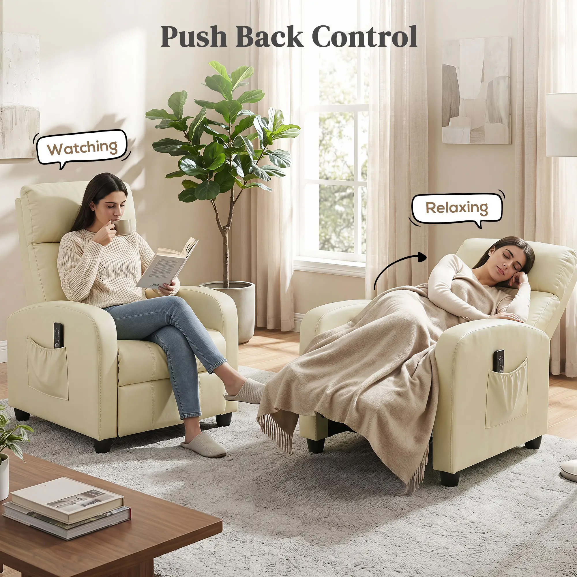 Manual Faux Leather Recliner Armchair 68 x 88 x 98cm - Cream White - 5