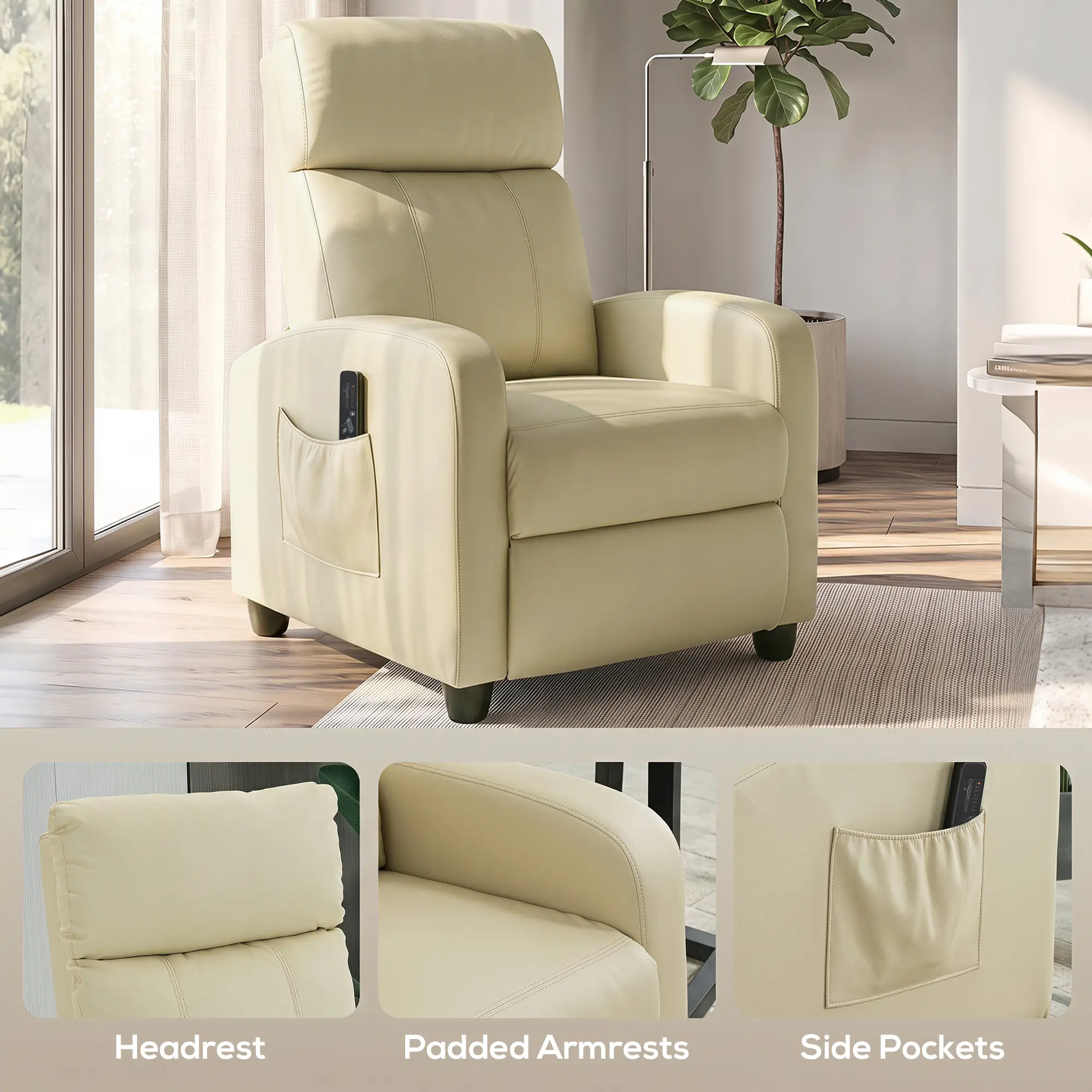 Manual Faux Leather Recliner Armchair 68 x 88 x 98cm - Cream White - 7