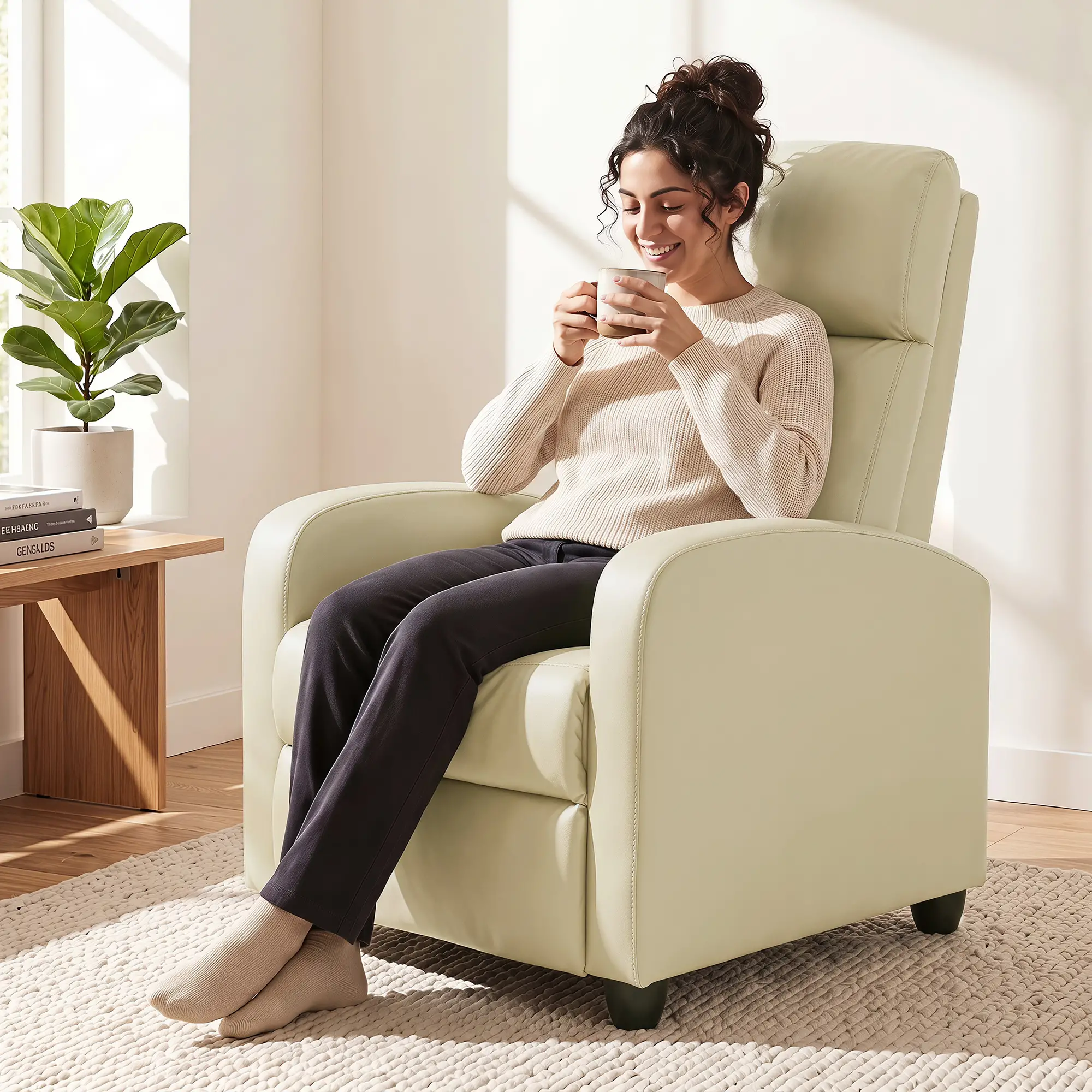 Manual Faux Leather Recliner Armchair 68 x 88 x 98cm - Cream White - 8