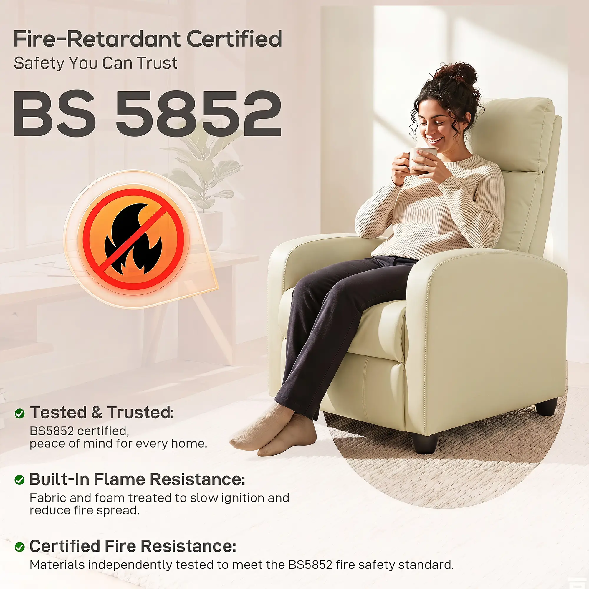 Manual Faux Leather Recliner Armchair 68 x 88 x 98cm - Cream White - 9