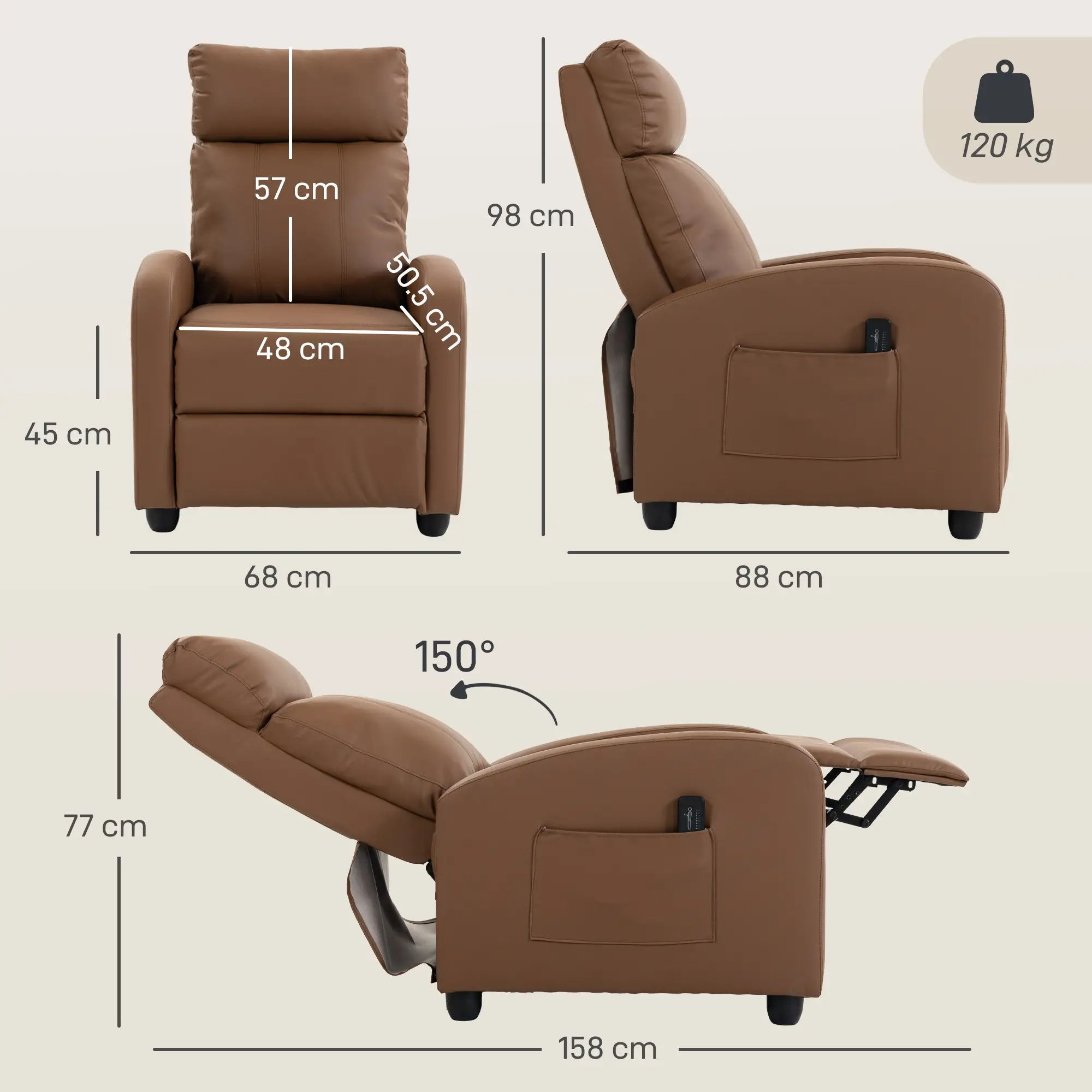 Manual Faux Leather Recliner Armchair 68 x 88 x 98cm - Dark Brown - 3