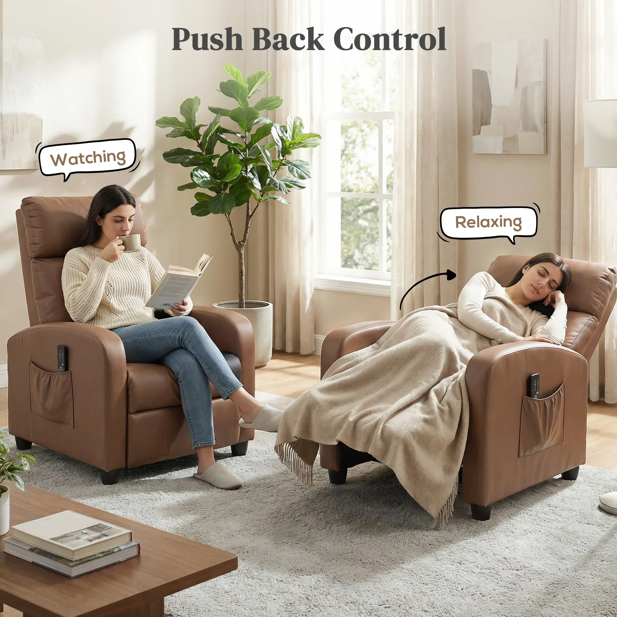 Manual Faux Leather Recliner Armchair 68 x 88 x 98cm - Dark Brown - 5