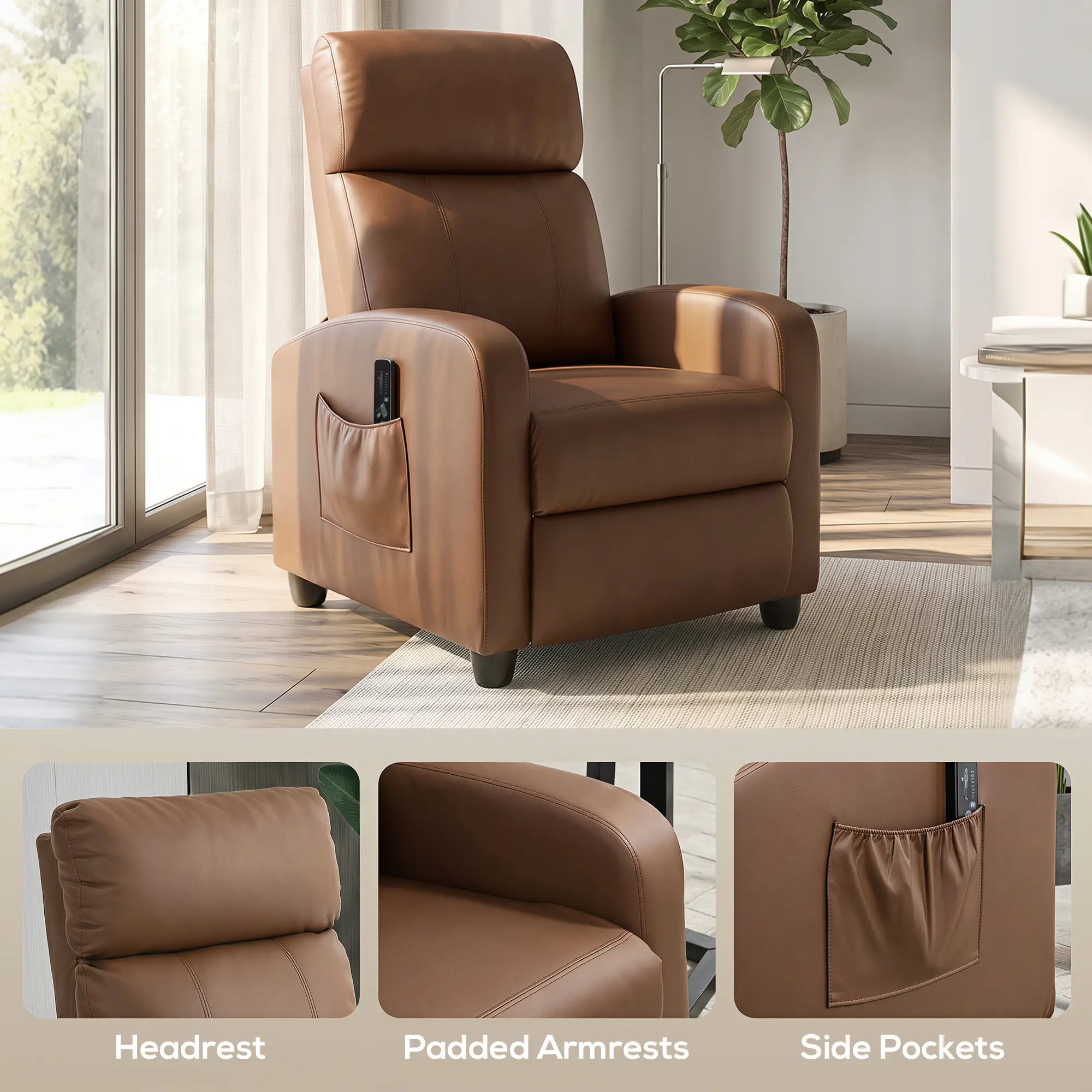 Manual Faux Leather Recliner Armchair 68 x 88 x 98cm - Dark Brown - 7