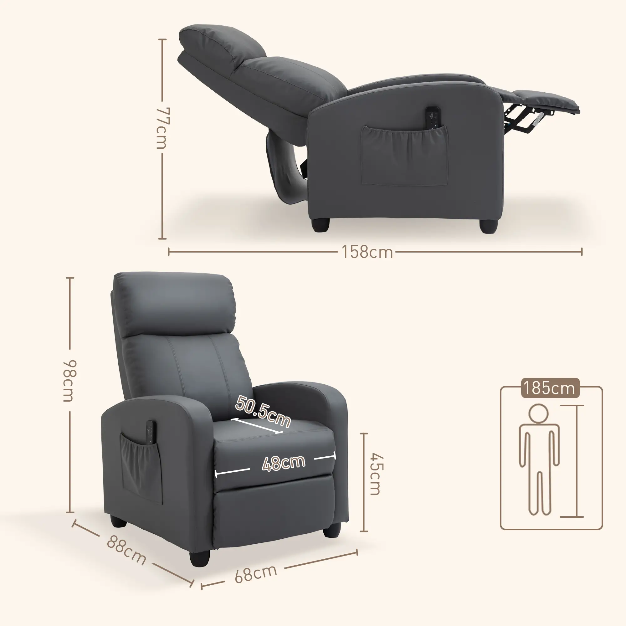 Manual Faux Leather Recliner Armchair 68 x 88 x 98cm - Grey - 3