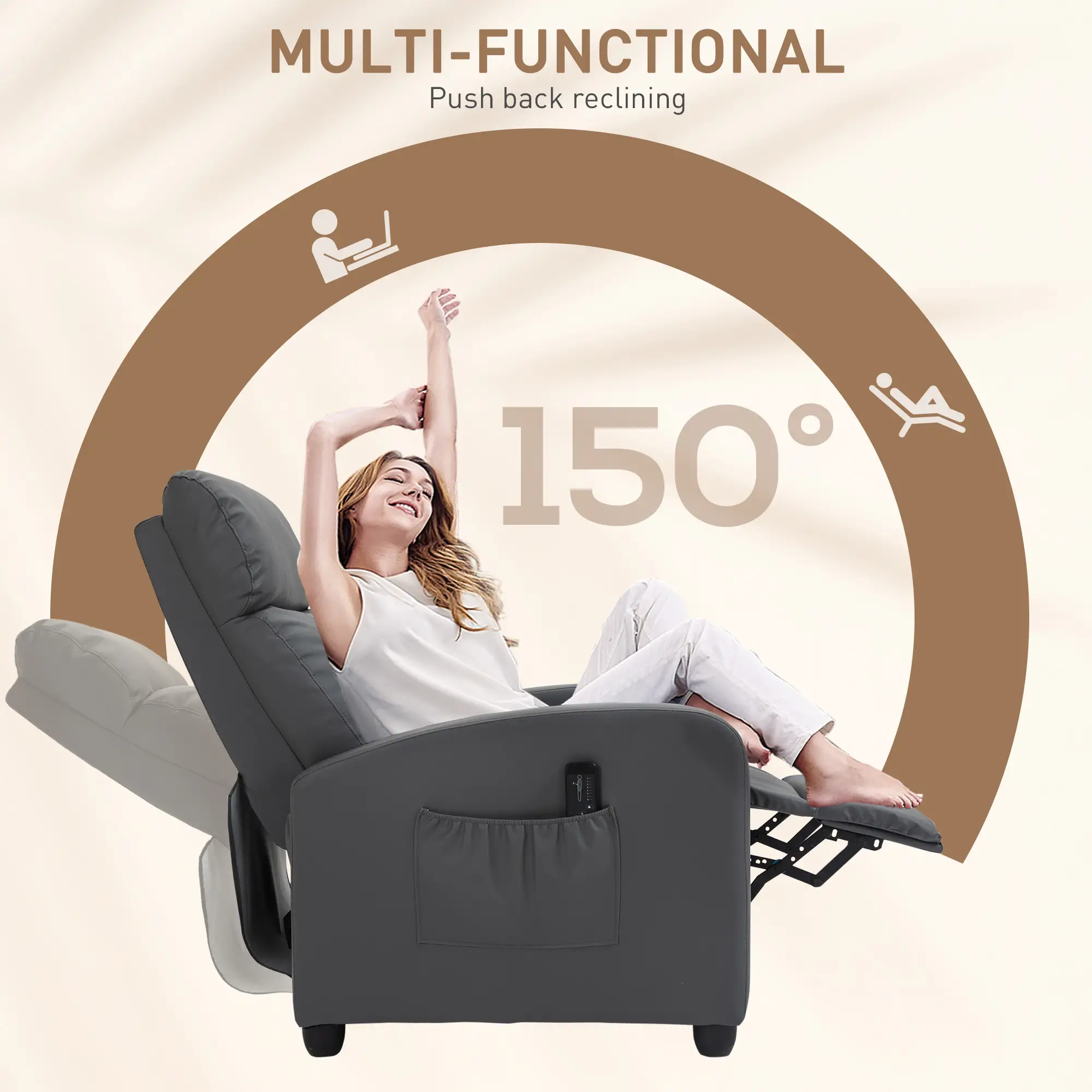 Manual Faux Leather Recliner Armchair 68 x 88 x 98cm - Grey - 5