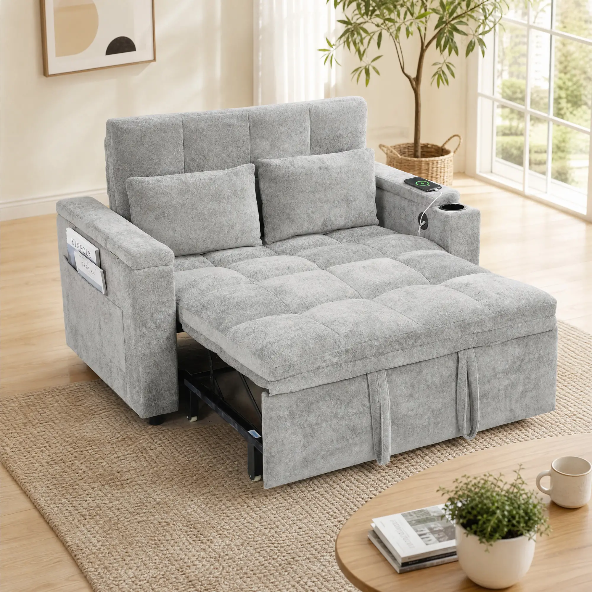 2 Seater Velvet Sofa Bed 137 x 91 x 95cm, Grey - Grey - 2
